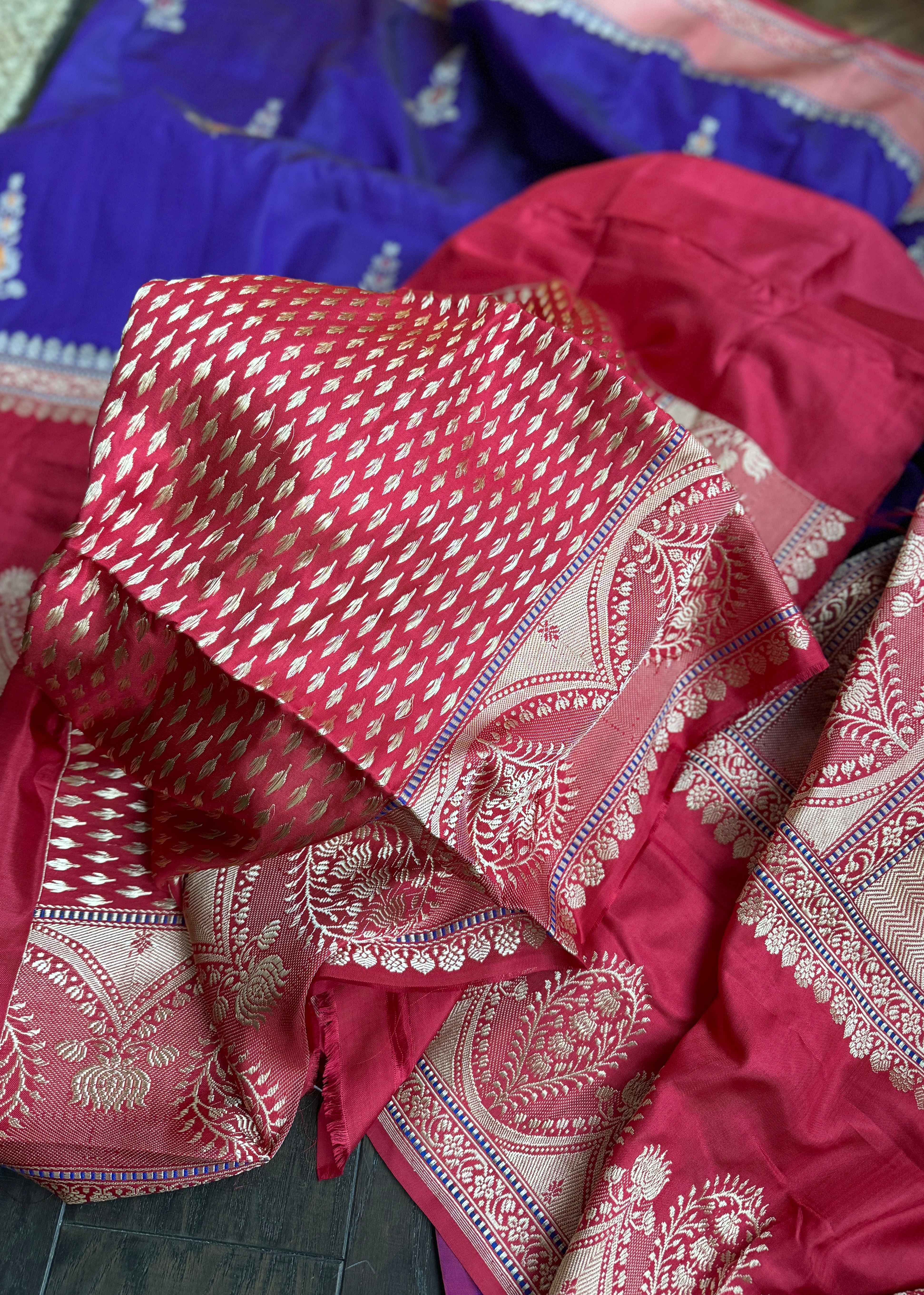 Pure Silk Katan Banarasi- Ourple Red Blue Kadhua