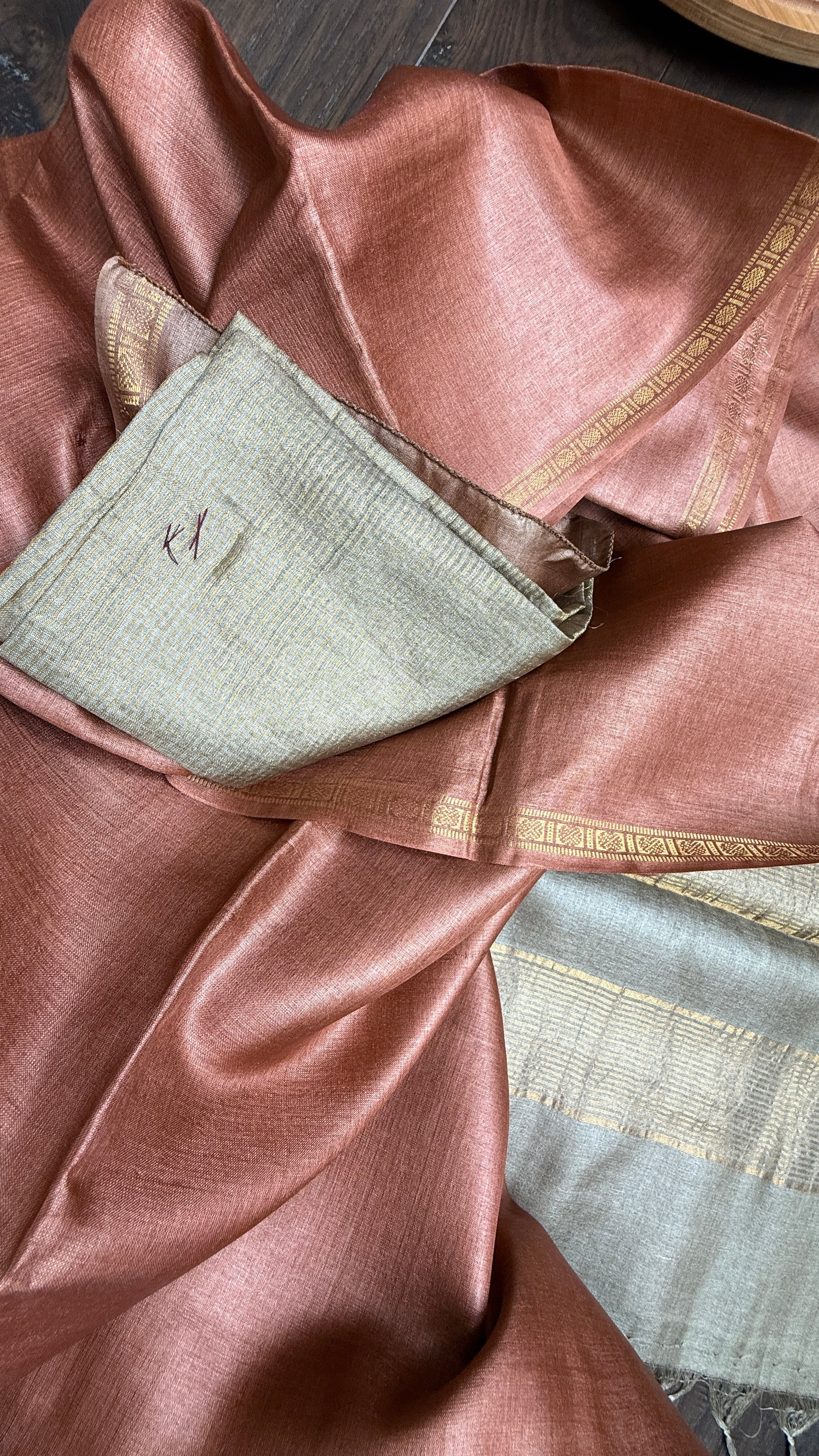 Handwoven Tussar Silk - Light Copper Brown Golden Zari