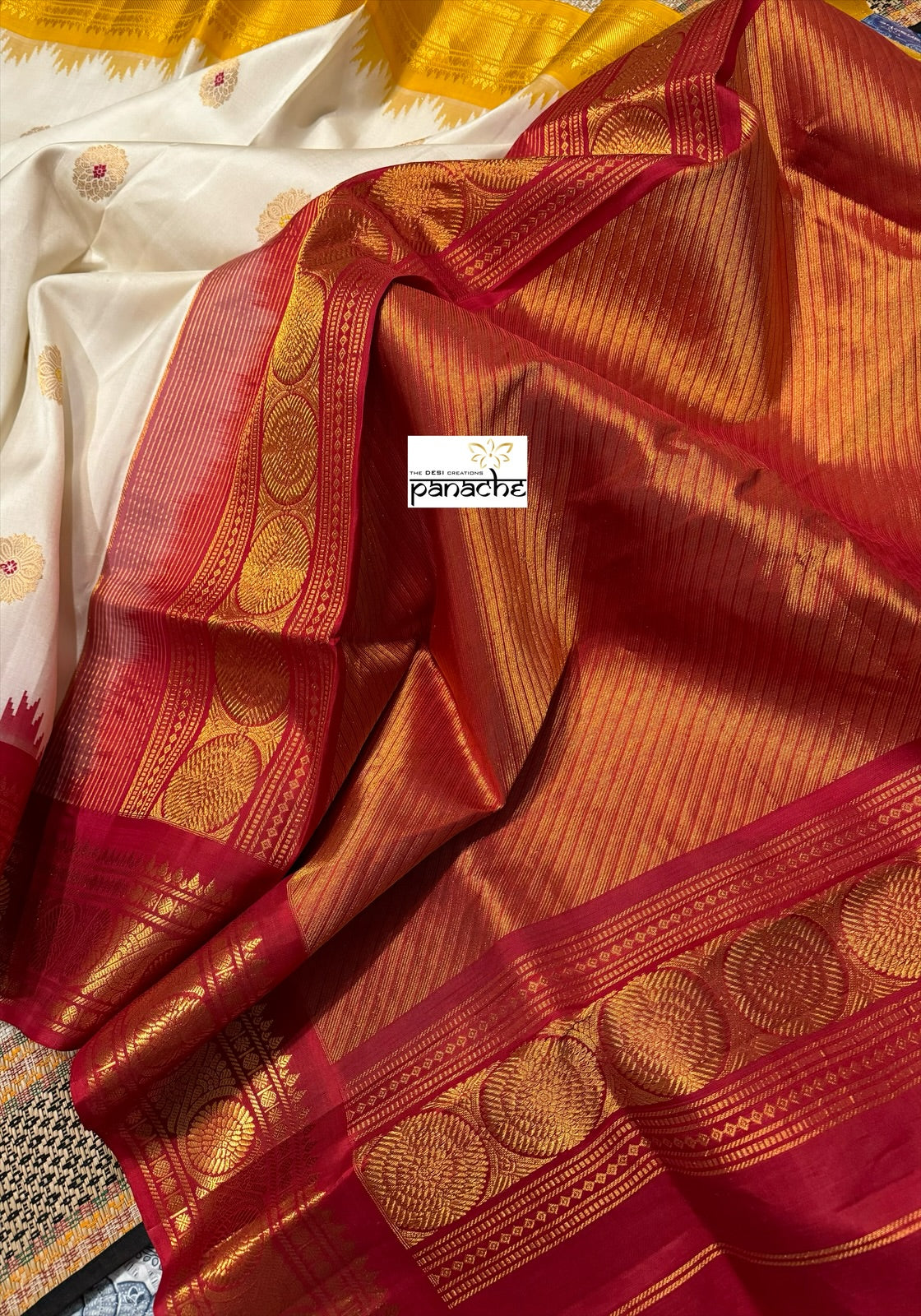 Pure Silk Gadwal - Off White Yellow Red