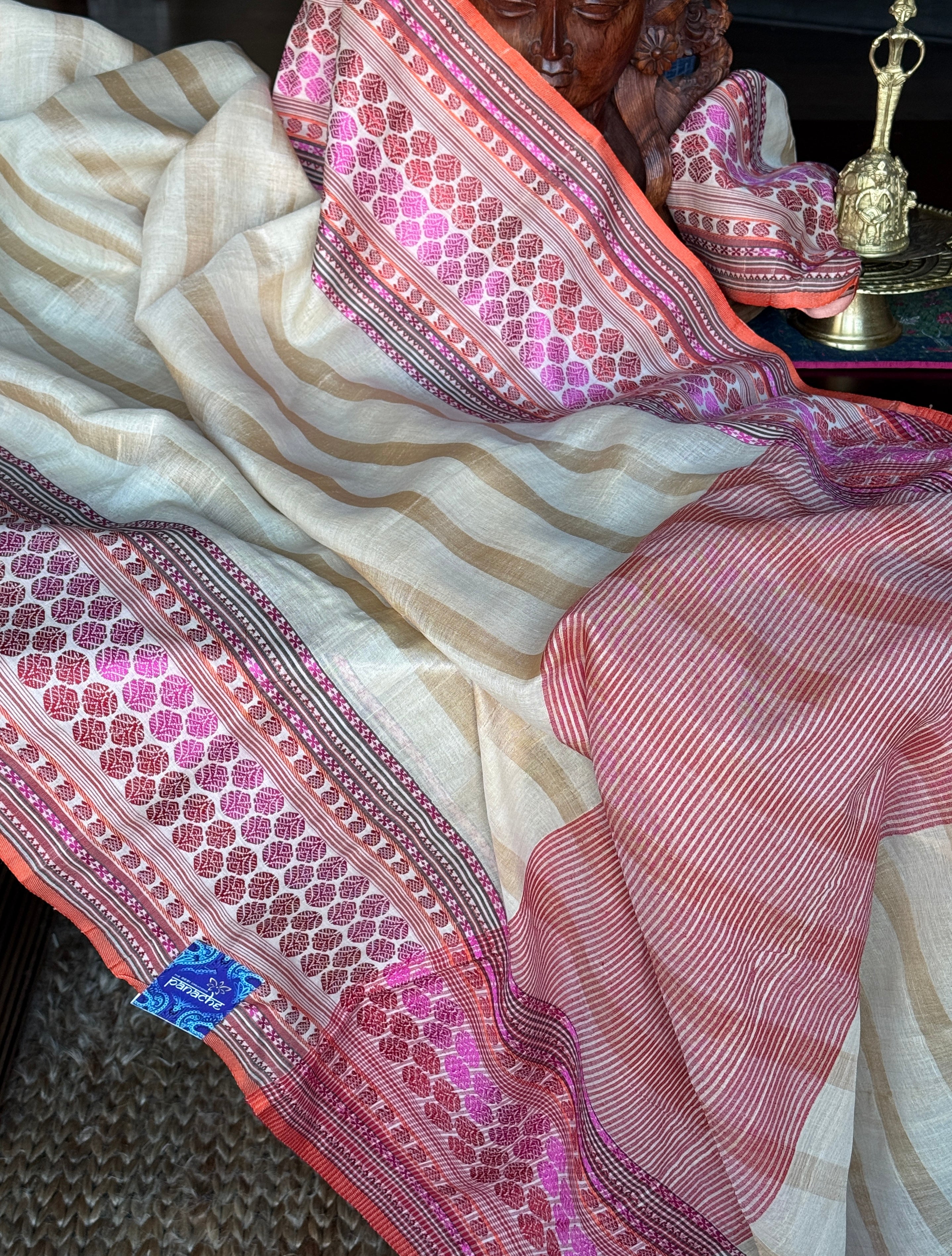 Pure Tussar Silk - Beige Striped Multi color