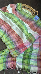 Pure Khadi Cotton - Off White Green Multicolor Striped Woven