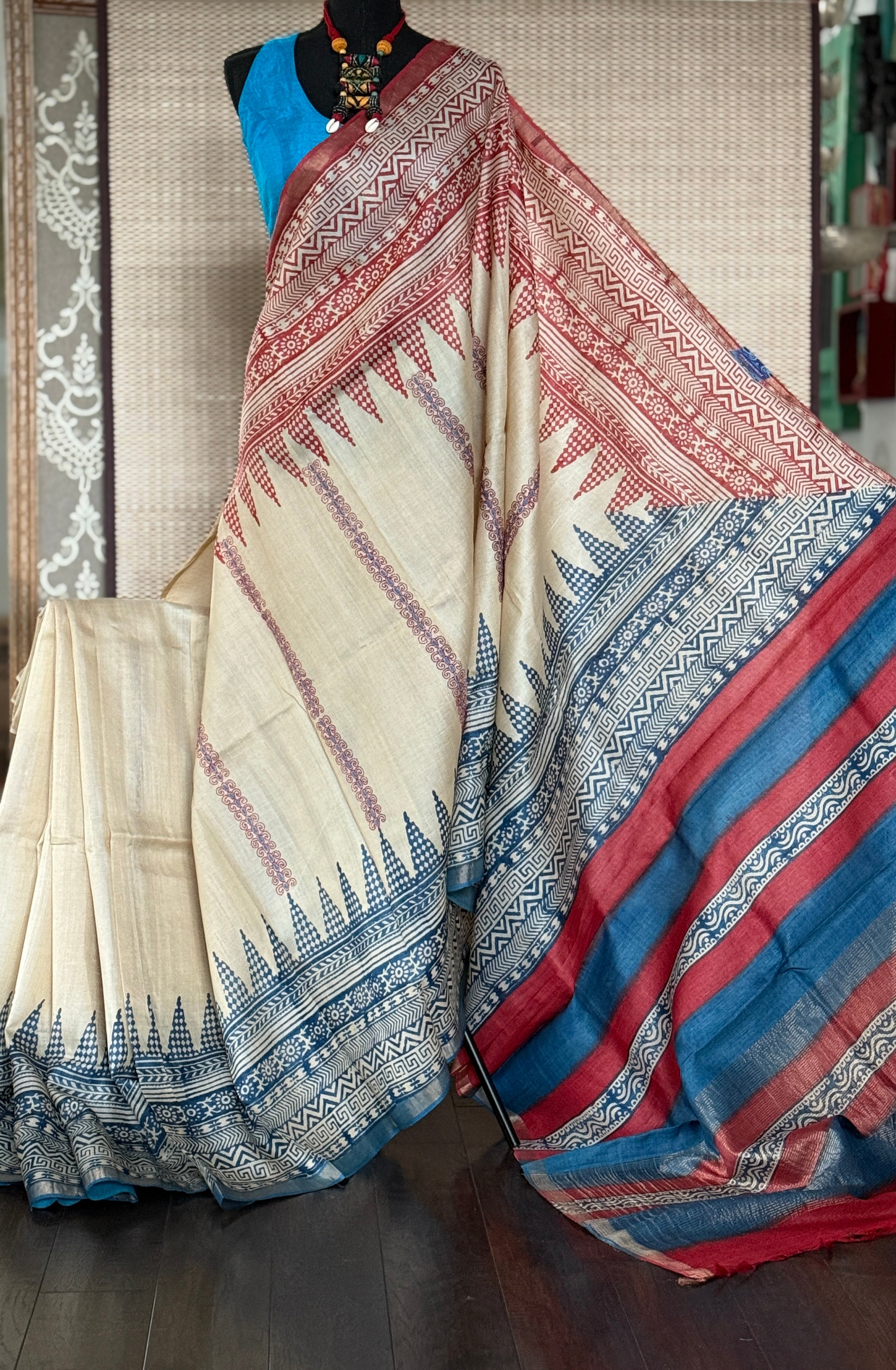 Printed Tussar Silk Kantha Stitch - Beige Blue Red