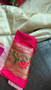 Pure Silk Paithani Single Munia - Cream Red Woven