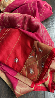Designer Linen Sequin Embroidered - Pink Checkered