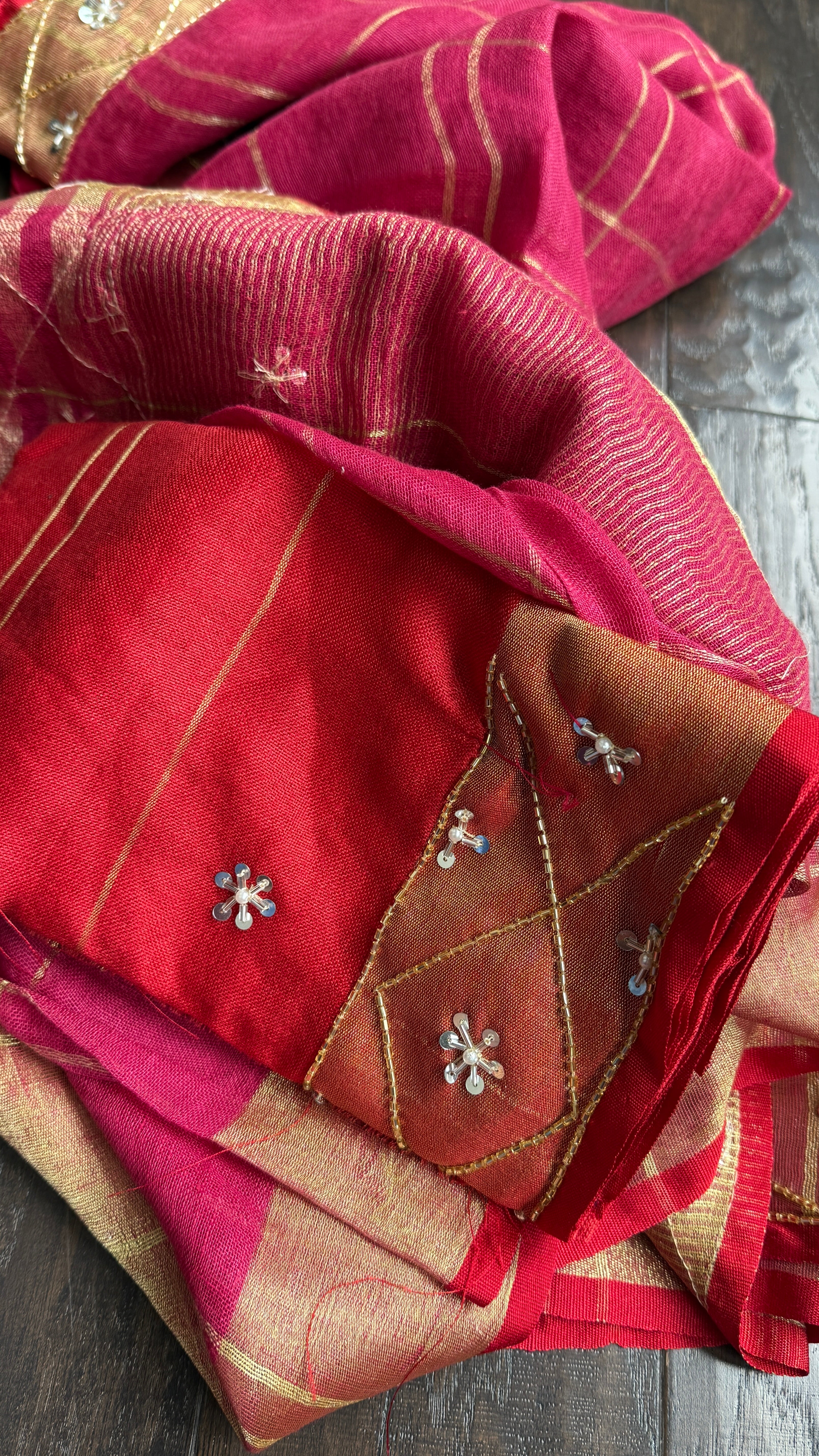 Designer Linen Sequin Embroidered - Pink Checkered