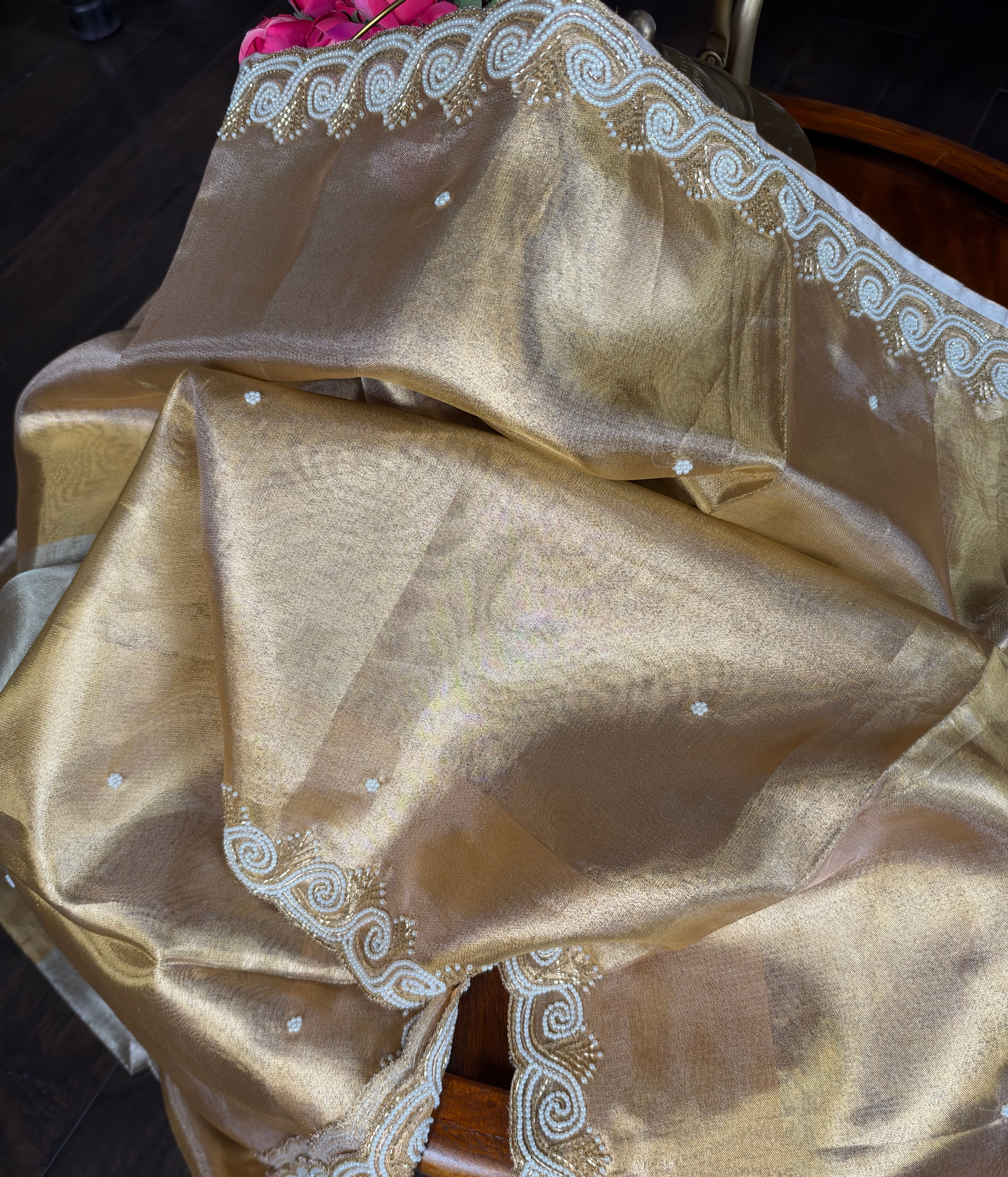 Designer Tissue Silk - Silver Golden Embroidered