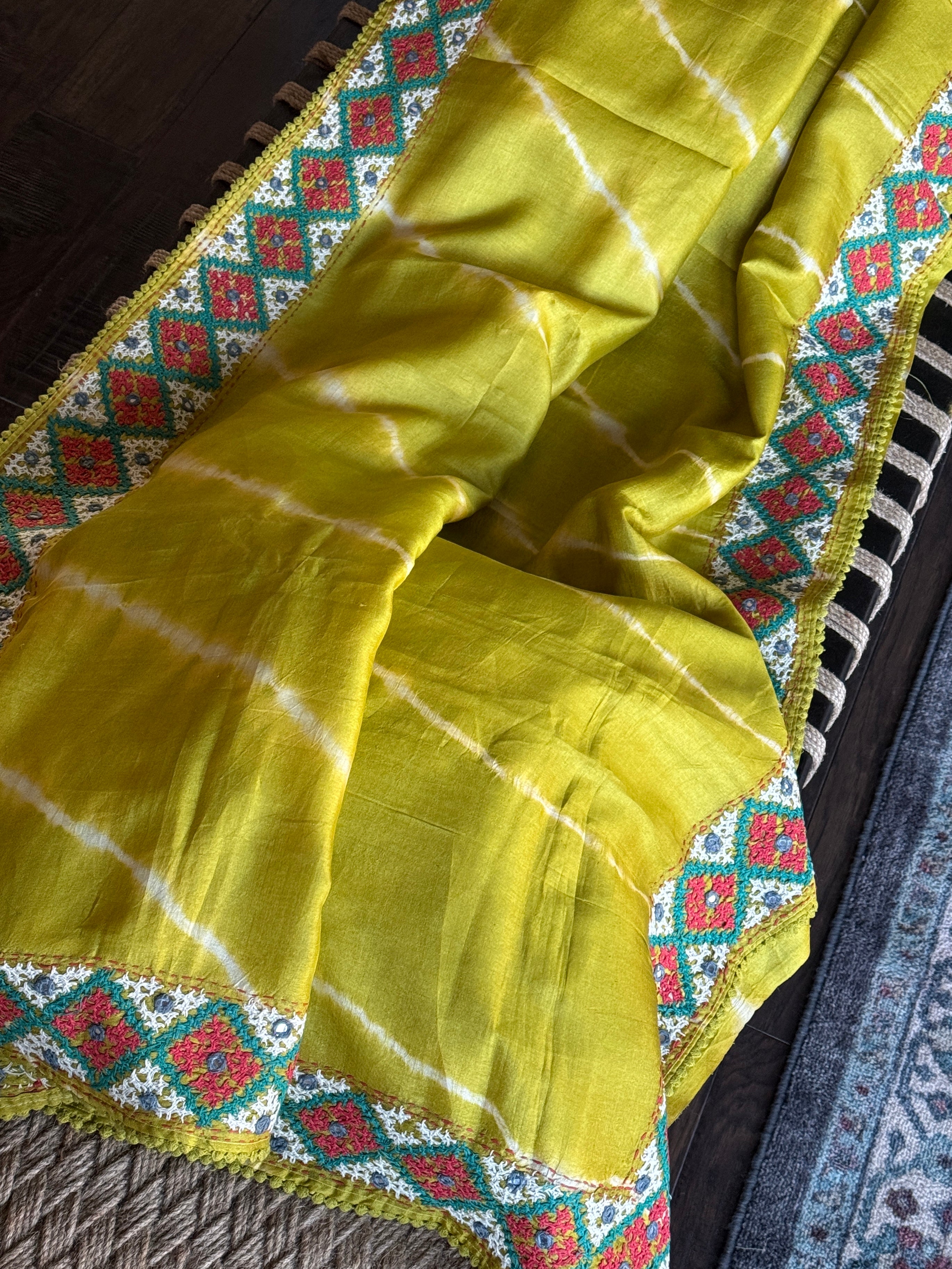 Pure Tussar Silk Gujrati Stitch -  Lime green Shibori Hand Embroidered