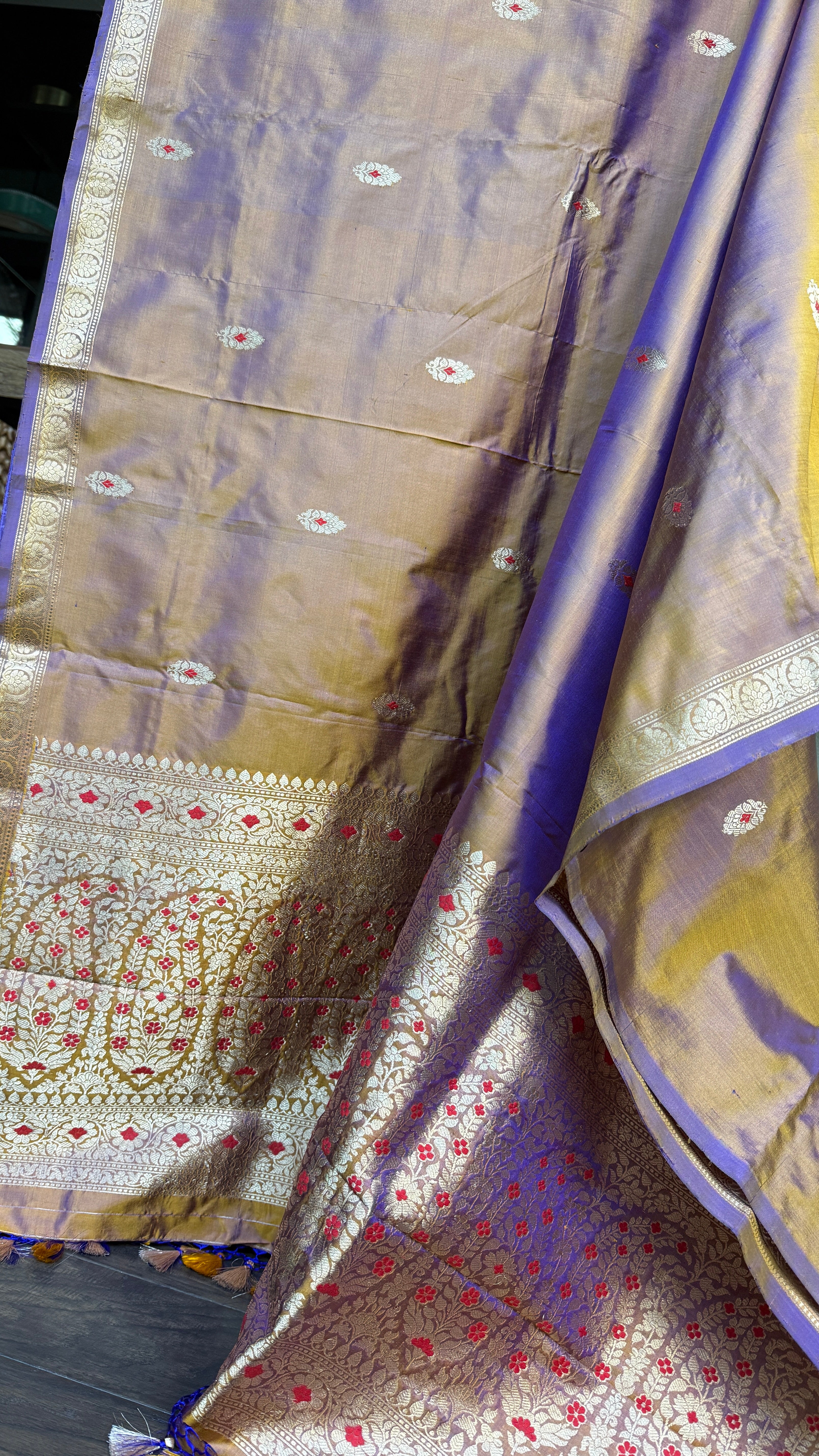 Pure Katan Silk Banarasi - Brown Purple Dual Shaded