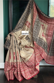 Pure Gicha Tussar Silk - Beige Red Black