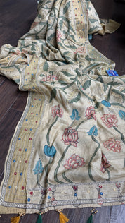 Pen Kalamkari Tussar Silk - Hand-Zardozi Beige Green