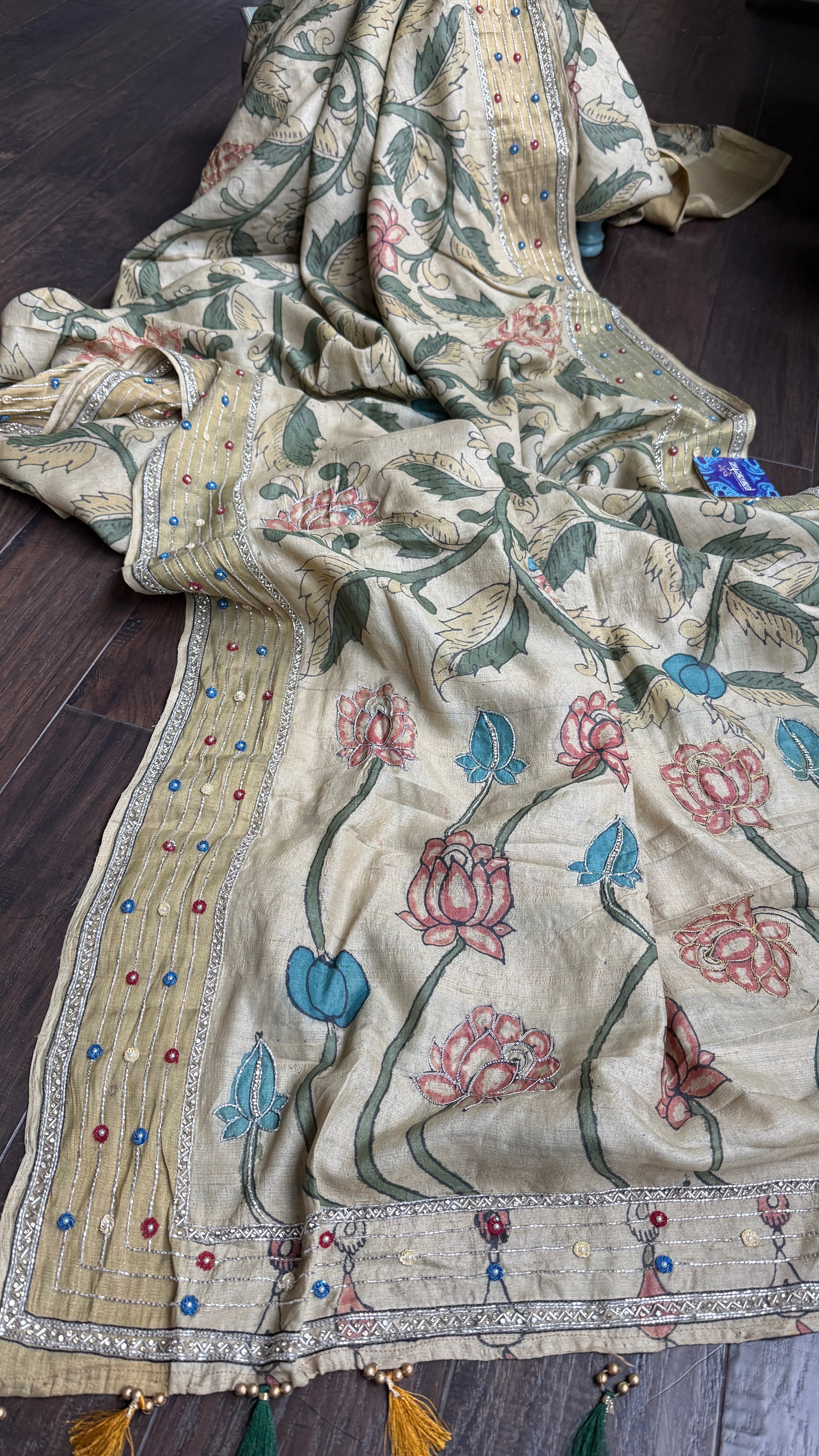 Pen Kalamkari Tussar Silk - Hand-Zardozi Beige Green