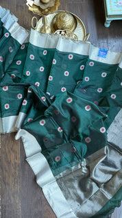 Pure Chanderi Pattu Silk - Dark Teal Green Meenakari