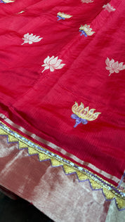 Hand Zardozi Pure Chanderi Pattu Silk - Red Eknaliya Woven