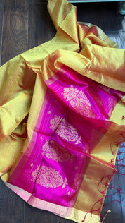 Pure Silk Chanderi Dupatta - Yellow Pink Handwoven