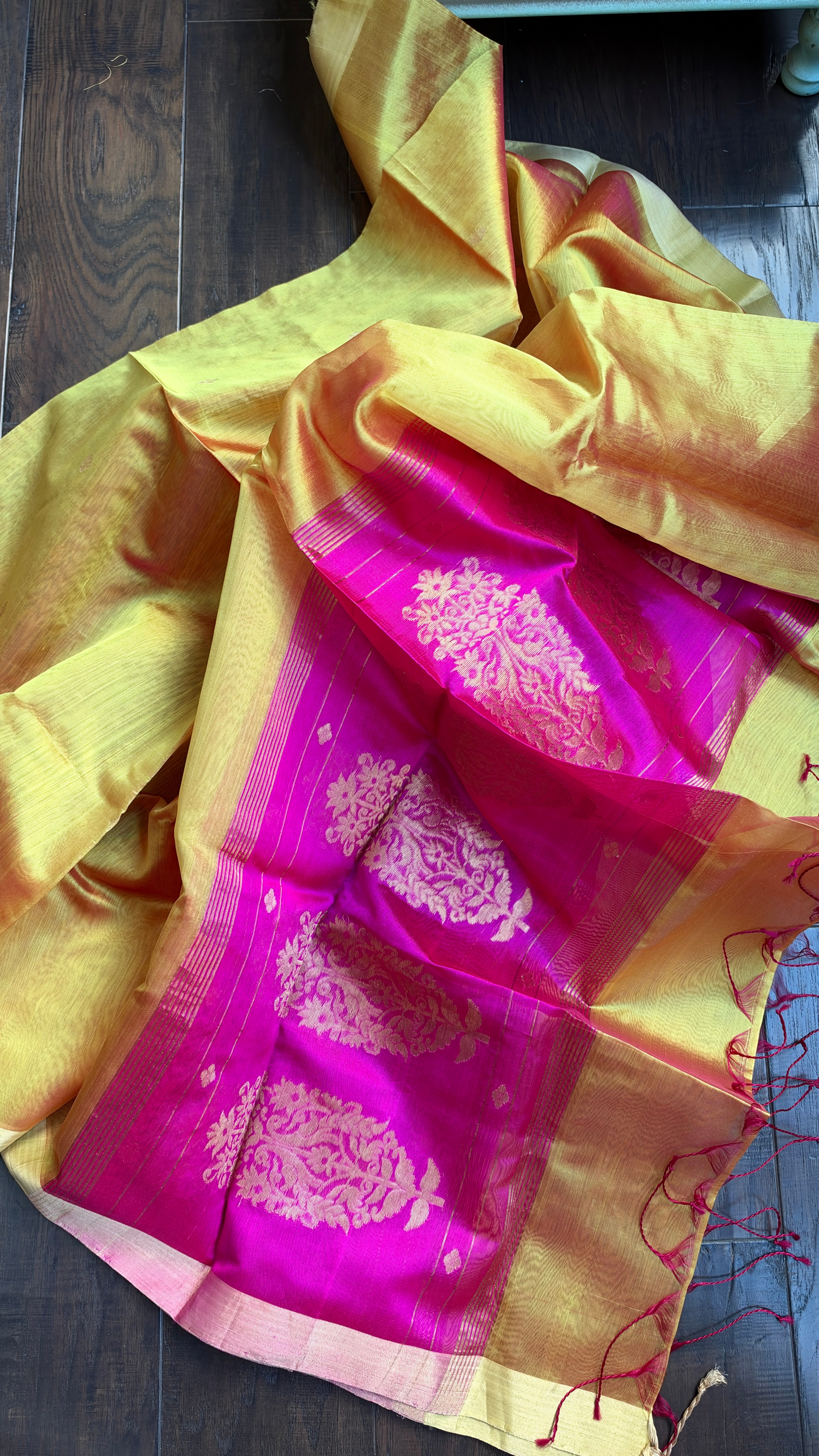 Pure Silk Chanderi Dupatta - Yellow Pink Handwoven