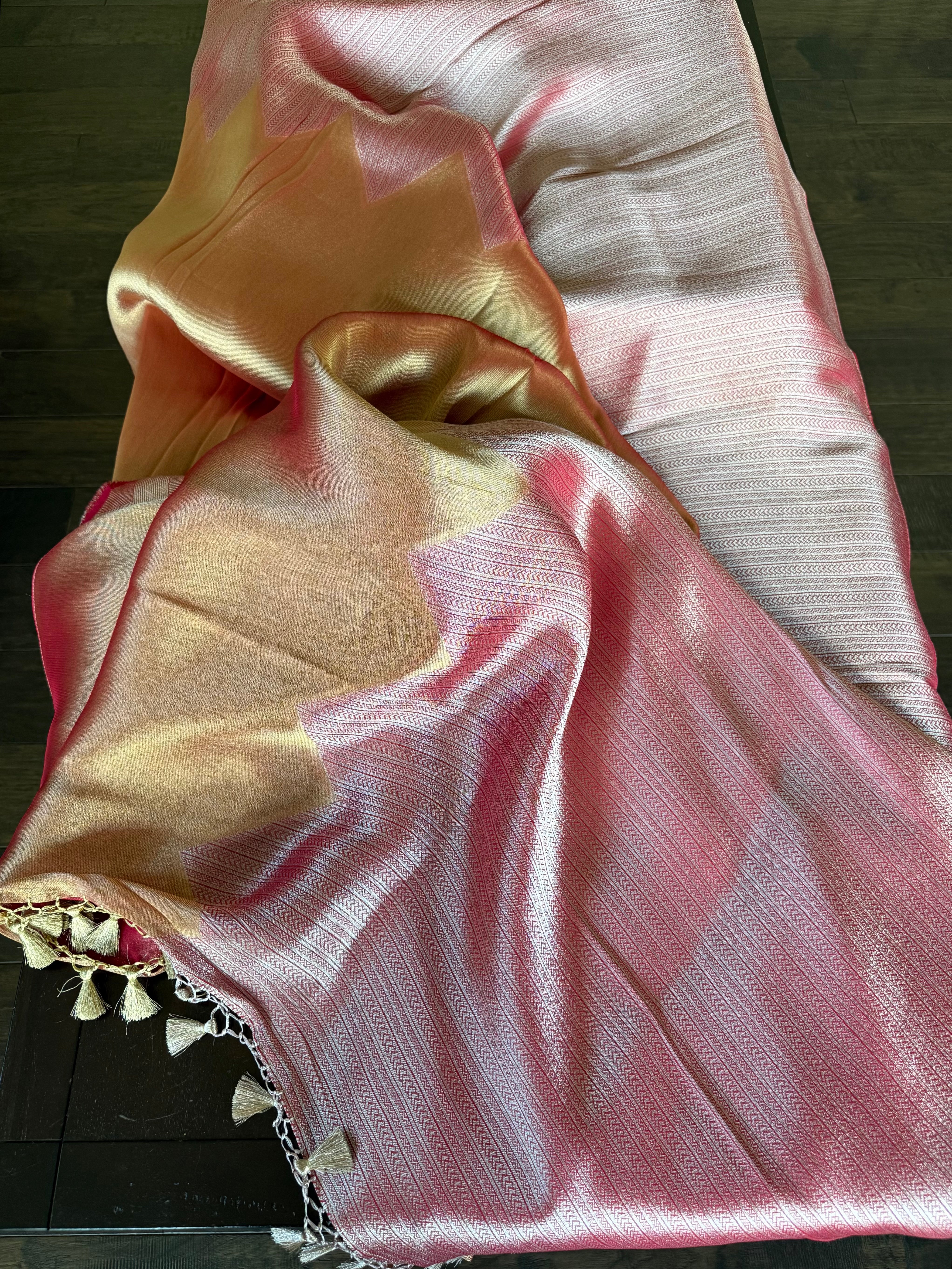 Designer Soft Silk Brocade Banarasi - Peach Pink Golden