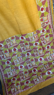Pure Tussar Silk Kantha Stitch -  Yellow Mask