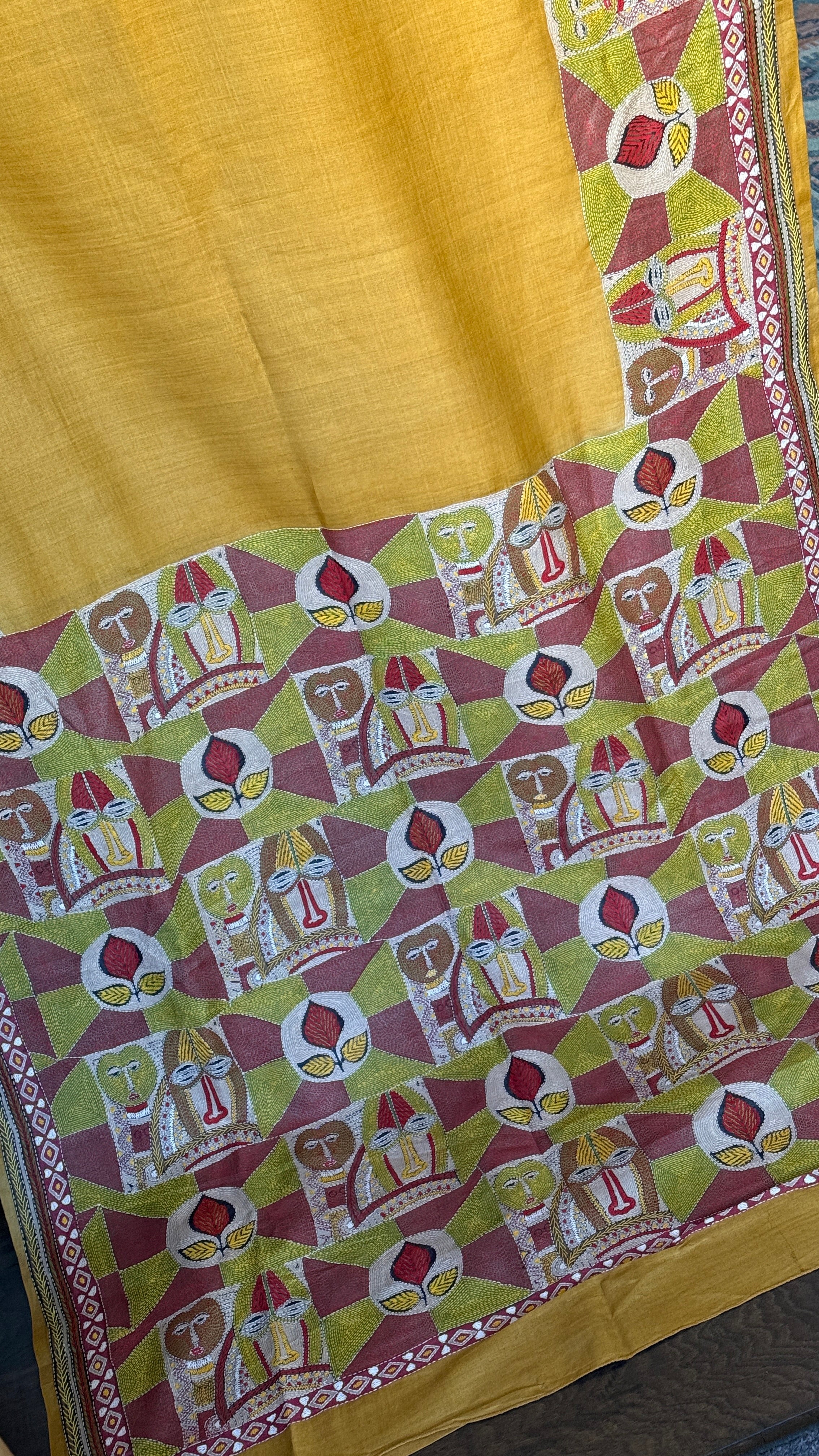 Pure Tussar Silk Kantha Stitch -  Yellow Mask