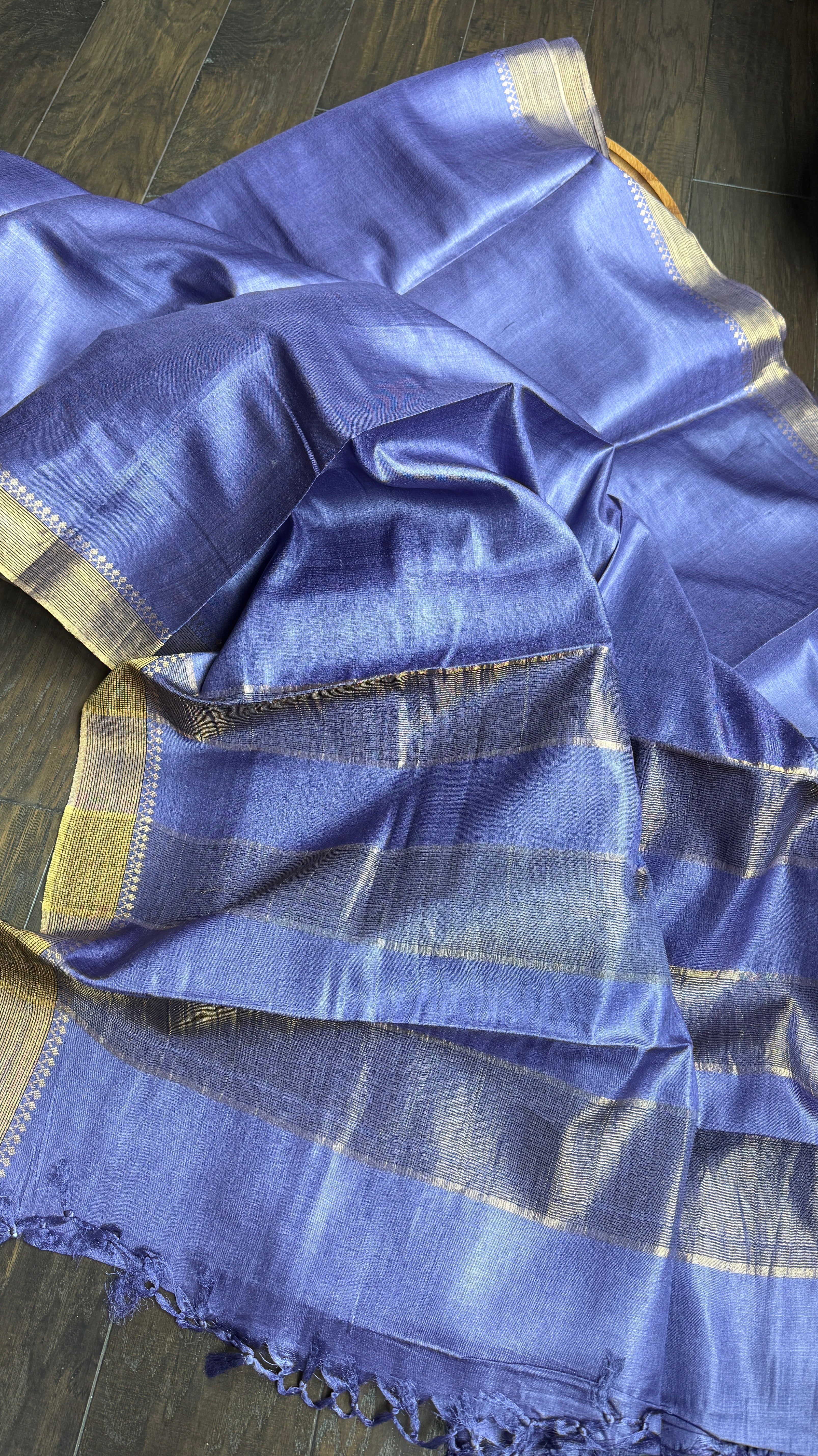 Handwoven Tussar Silk - Blue Violet Golden Zari