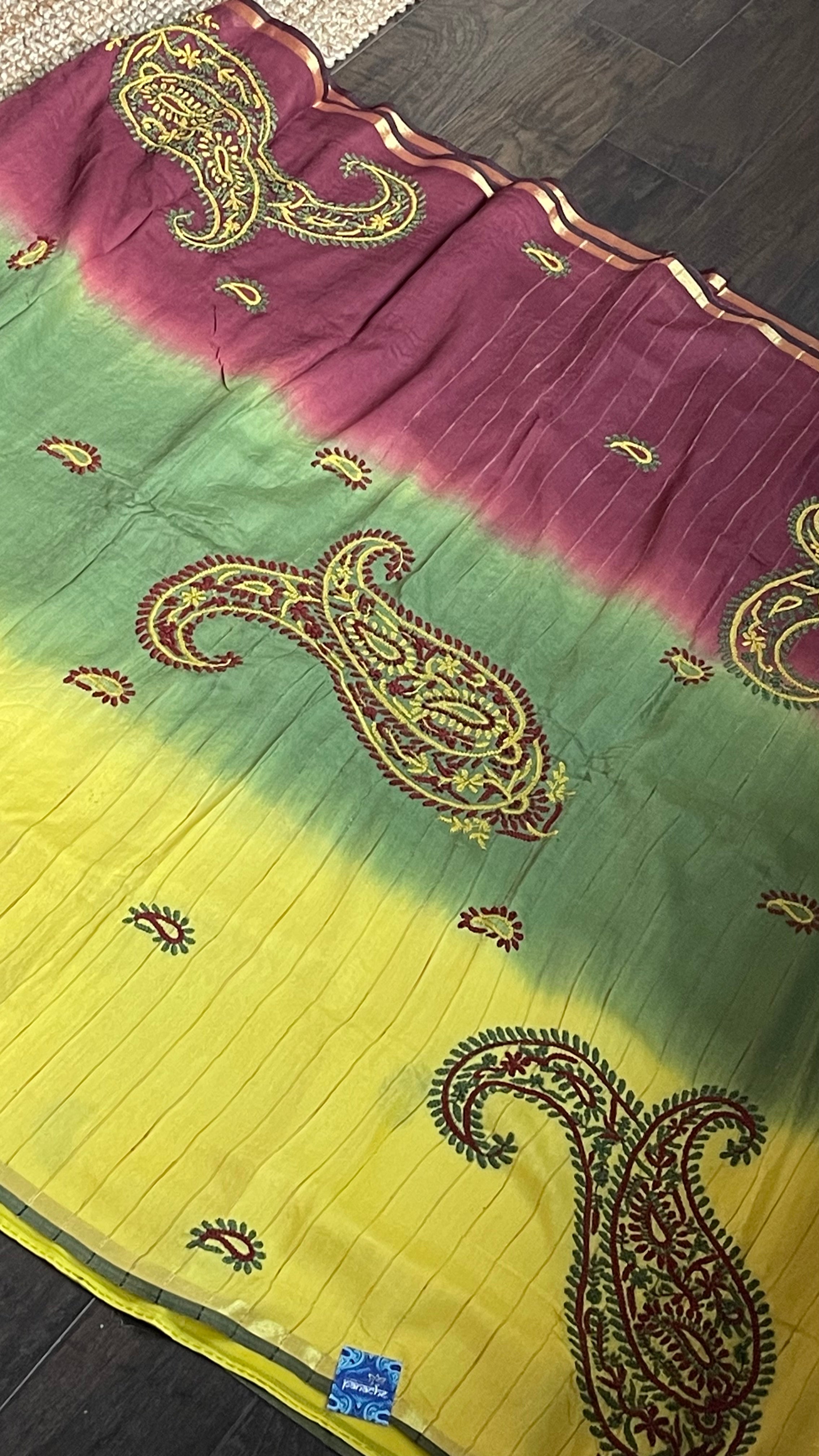 Pure Khadi Cotton - Green Yellow Hand Embroidered