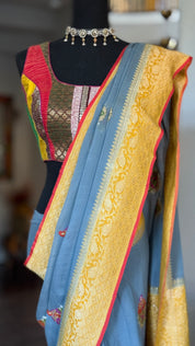Pure Khaddi Georgette Banarasi - Grey Yellow Kadwa Paisley Meenakari