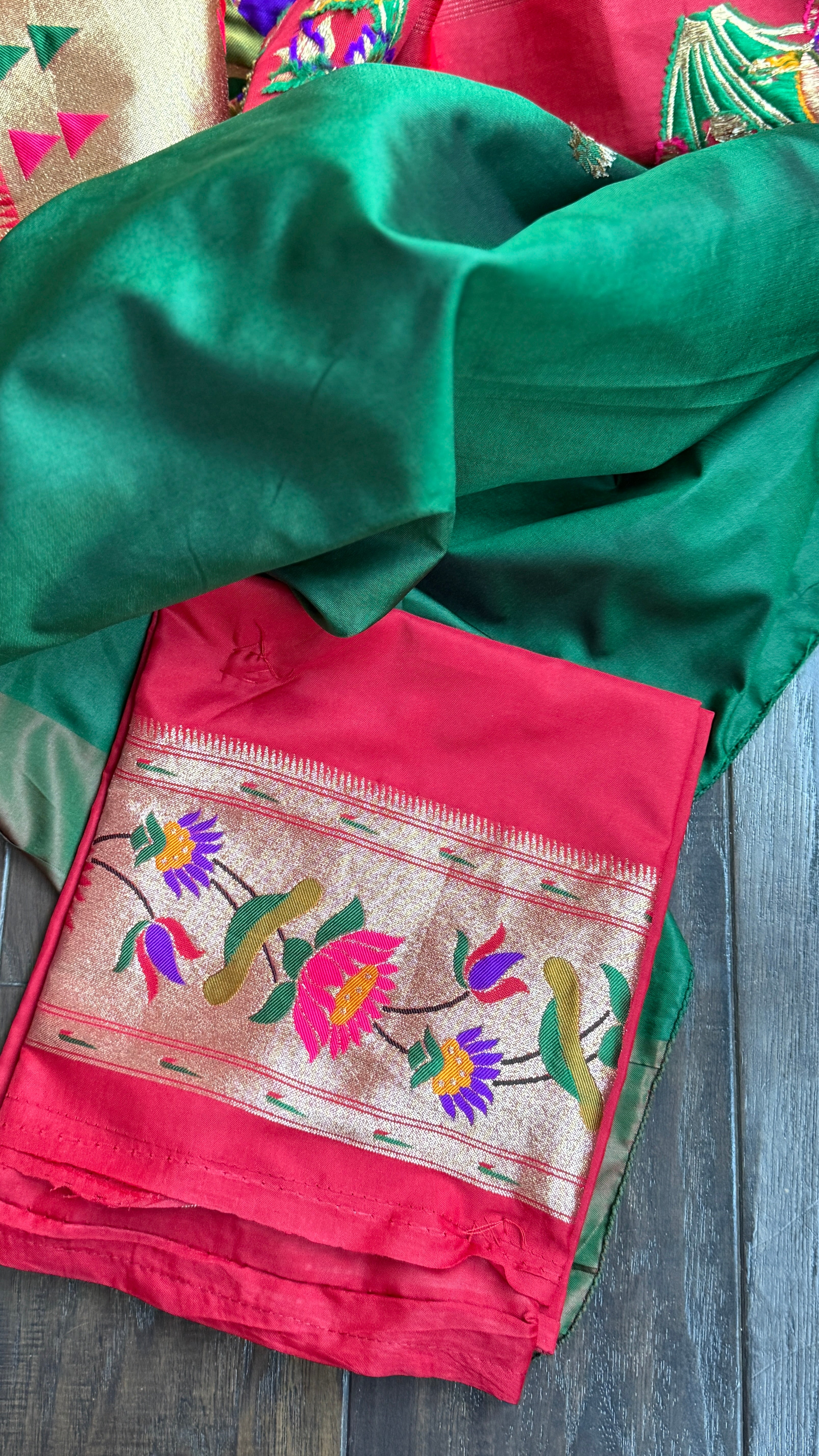 Pure Silk Paithani Single Munia - Green Red Woven