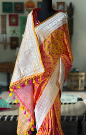 Pure Silk Mashru Silk Banarasi- Mustard Yellow Pink