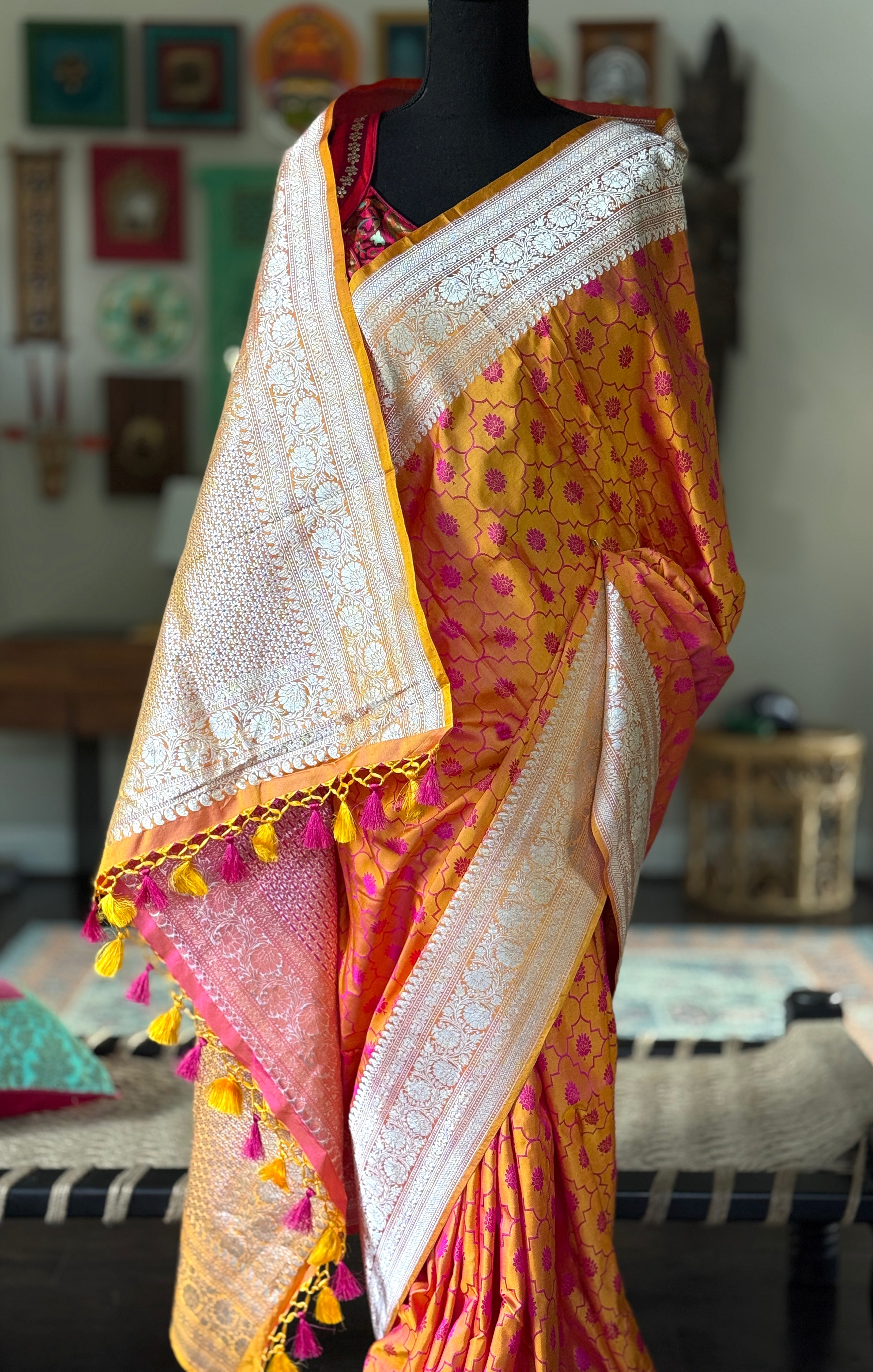 Pure Silk Mashru Silk Banarasi- Mustard Yellow Pink