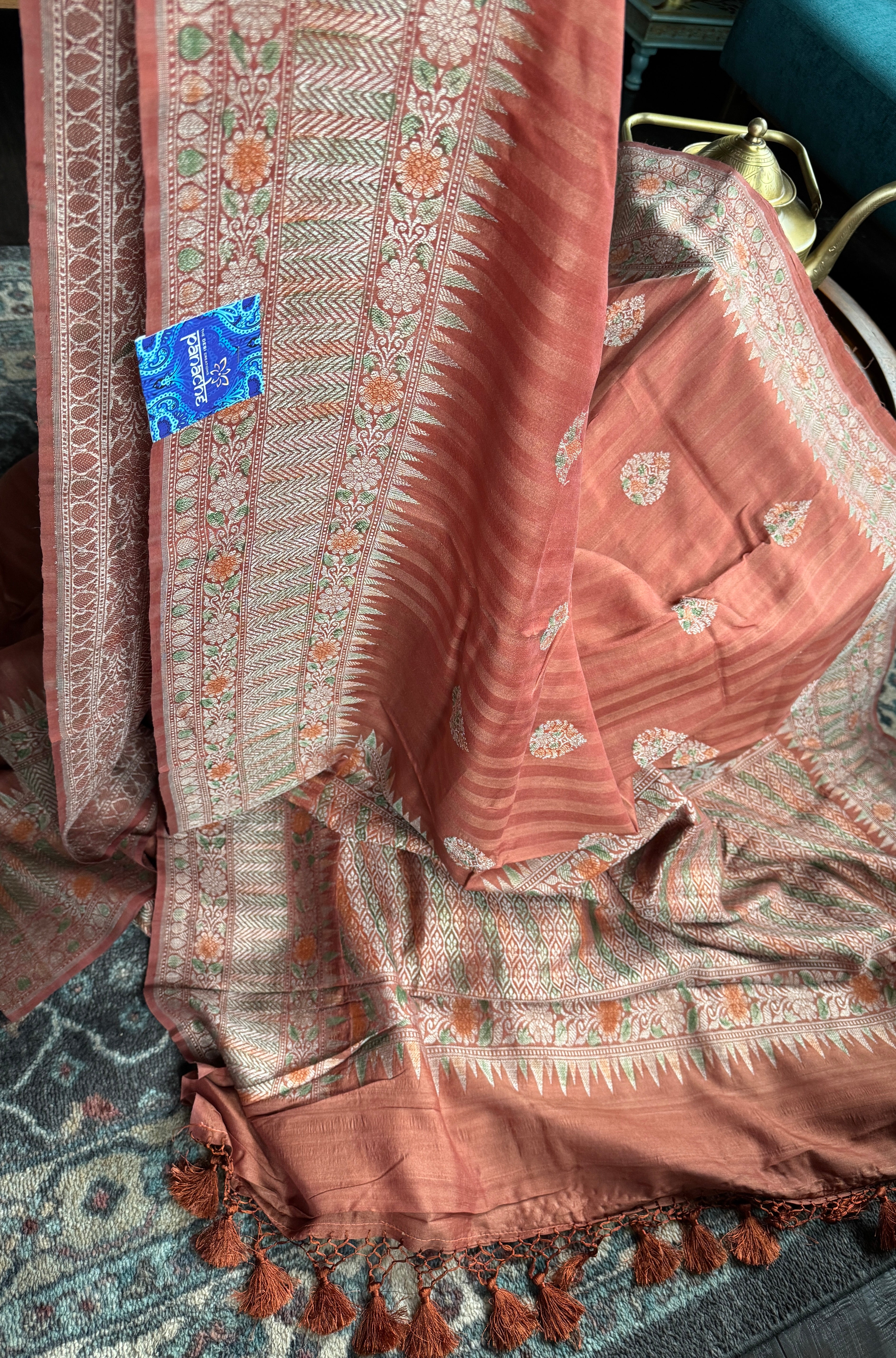 Tussar Silk Banarasi - Rust Orange Striped Antique Zari