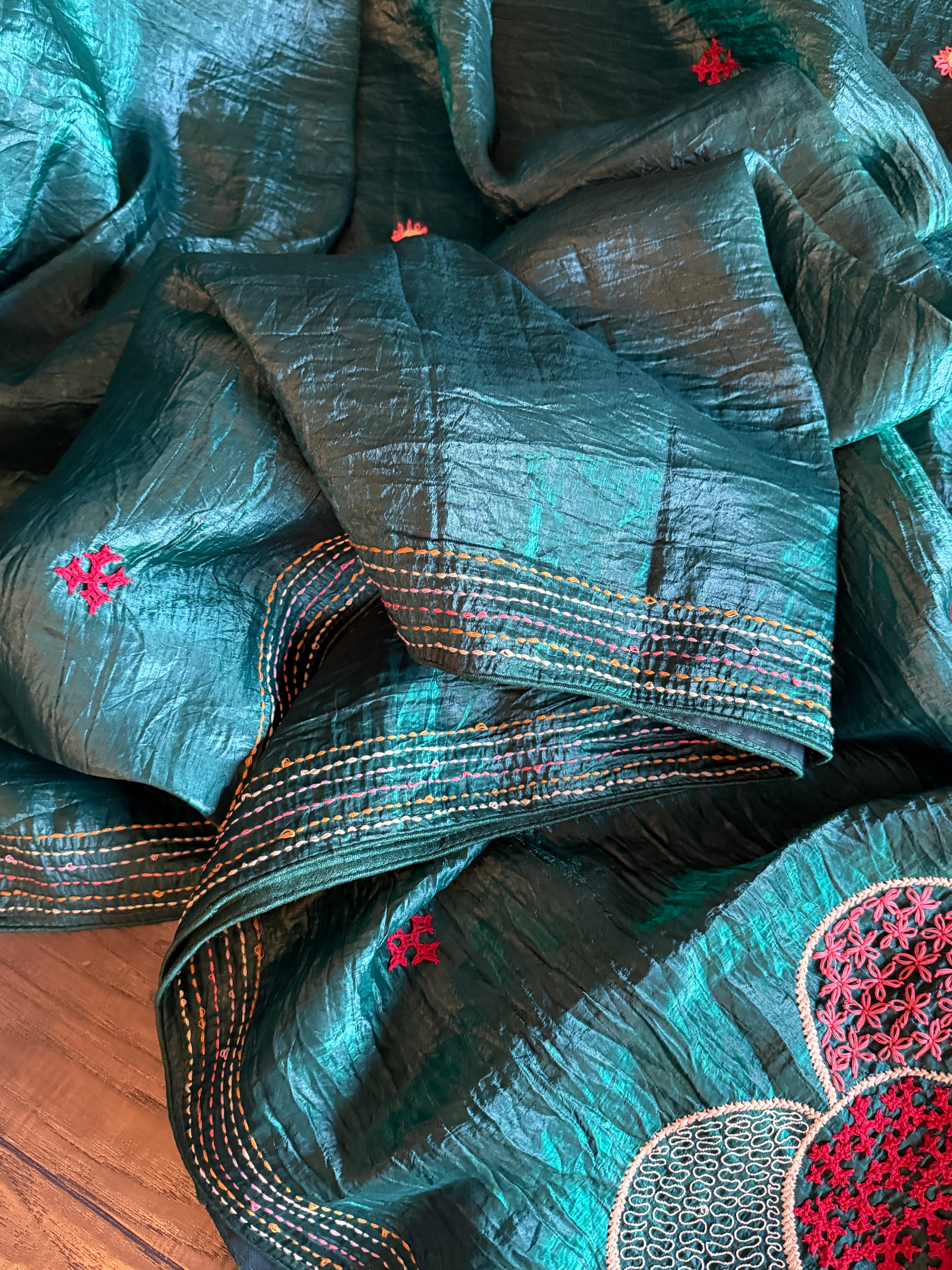 Designer Crushed Silk - Teal Gree Hand Lambani