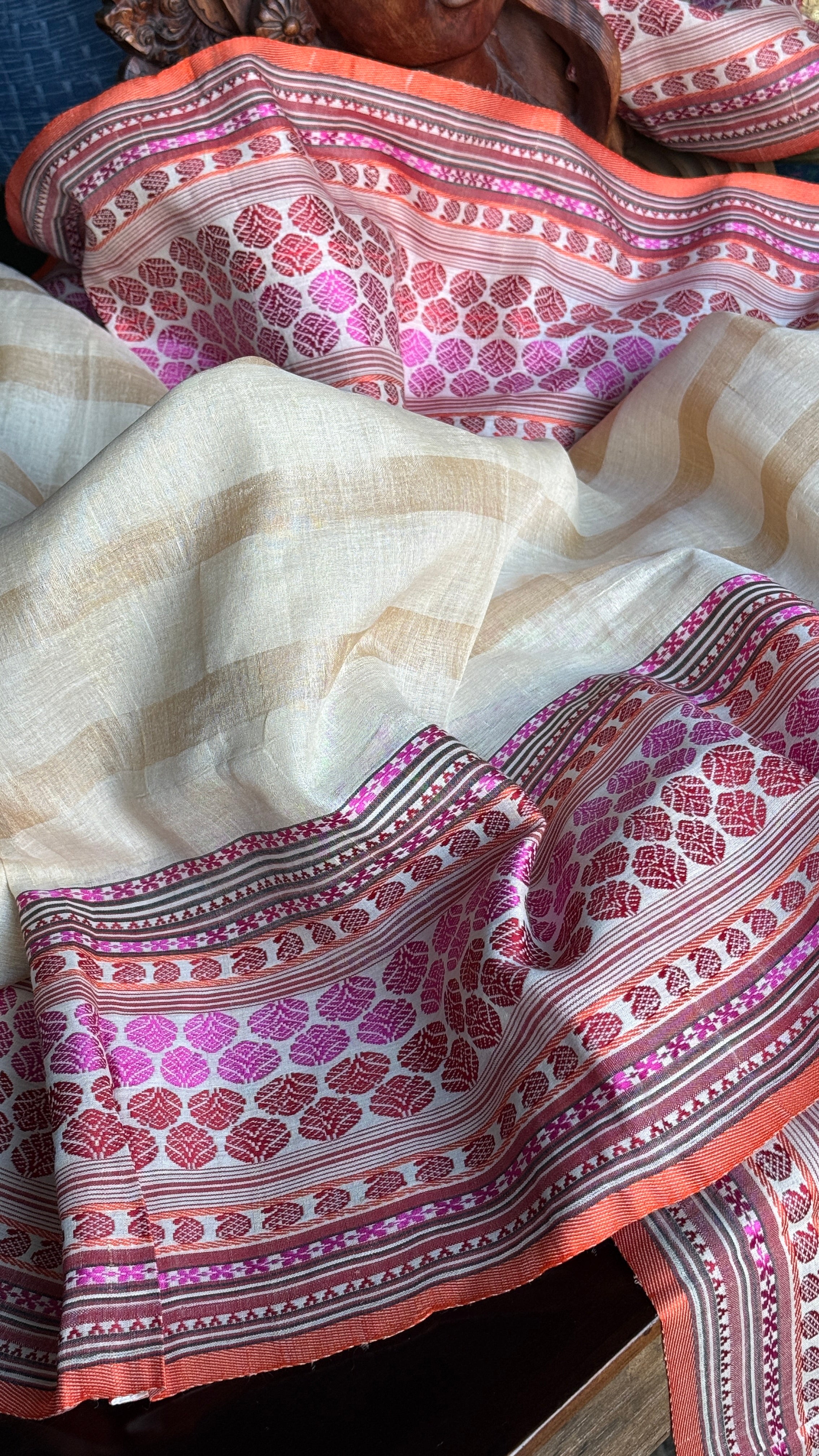 Pure Tussar Silk - Beige Striped Multi color