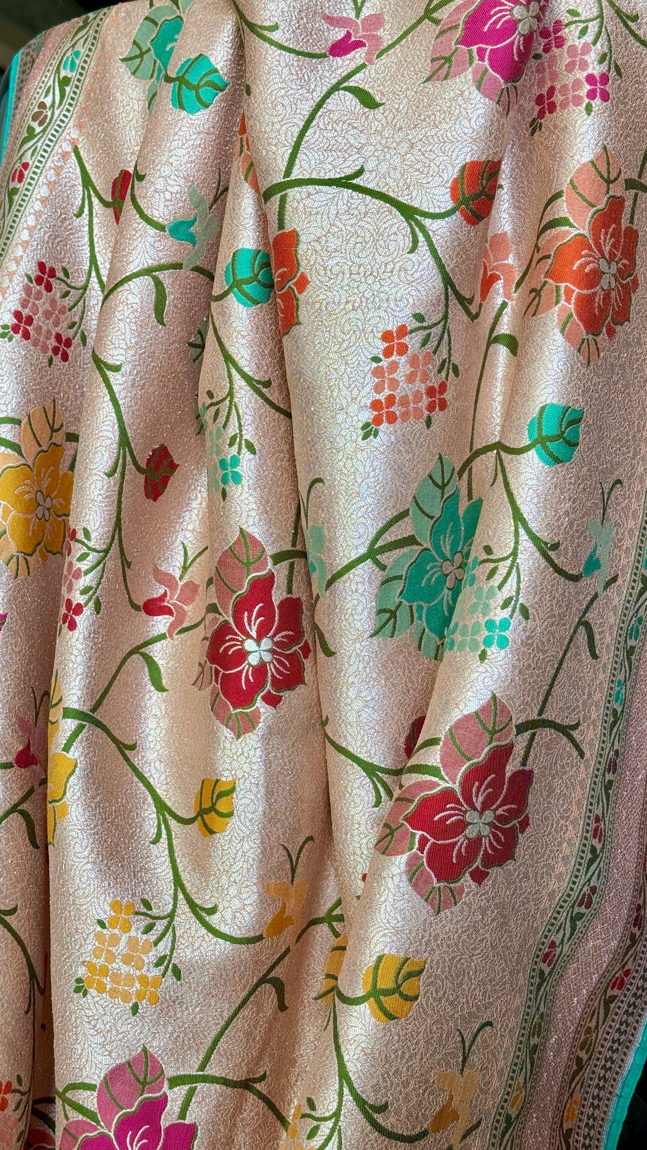 Khaddi Tussar Banarasi -  Peach Sea Green Meenakari