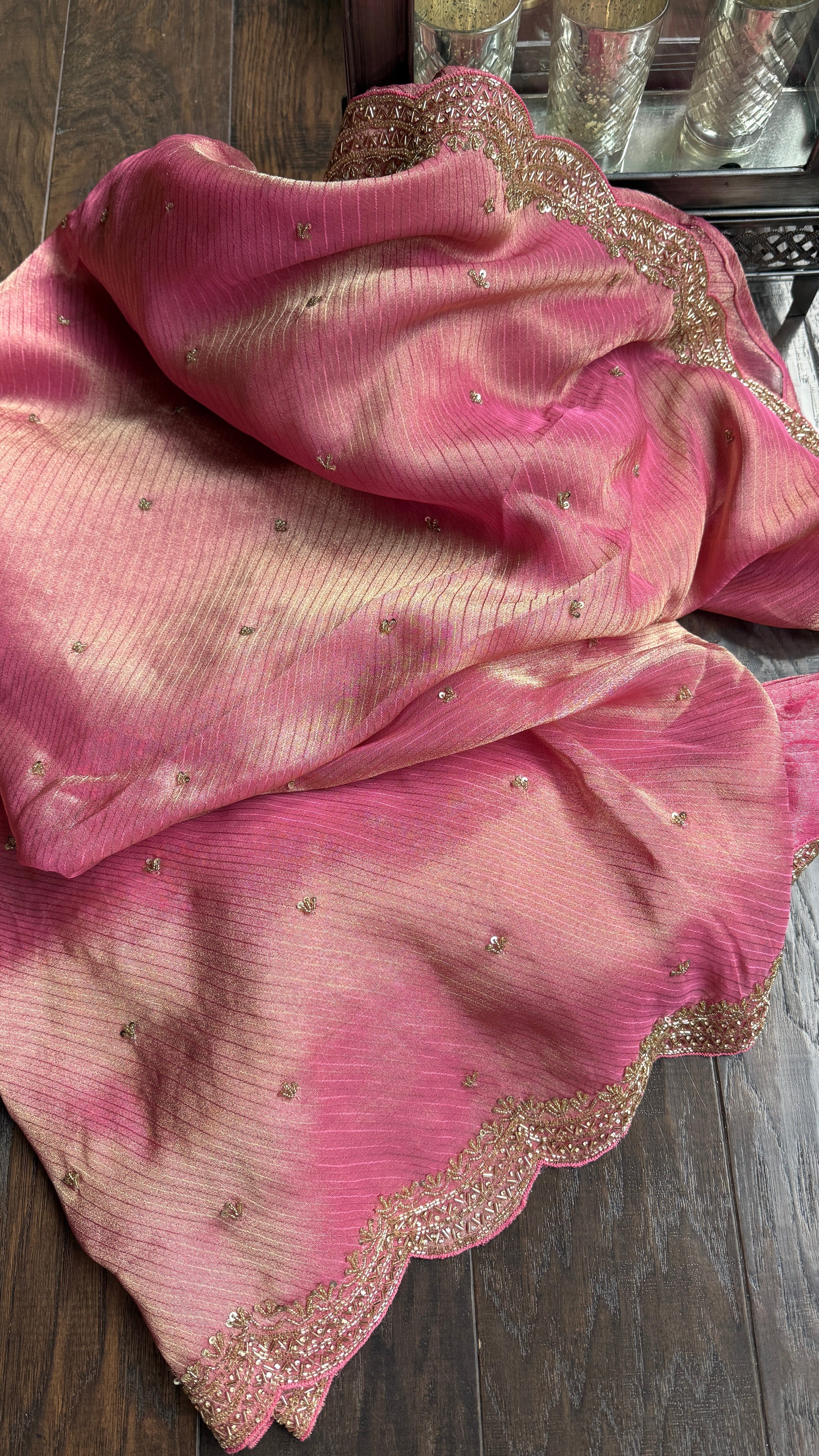 Designer Georgette Organza - Pink Dual Shaded Scalloped Border