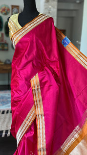 Pure Silk Mashru Banarasi- Rani Pink Ochre Orange