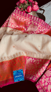 Pure Iktara Malmal Cotton by Silk Banarasi - Beige Pink Orange Kadhua