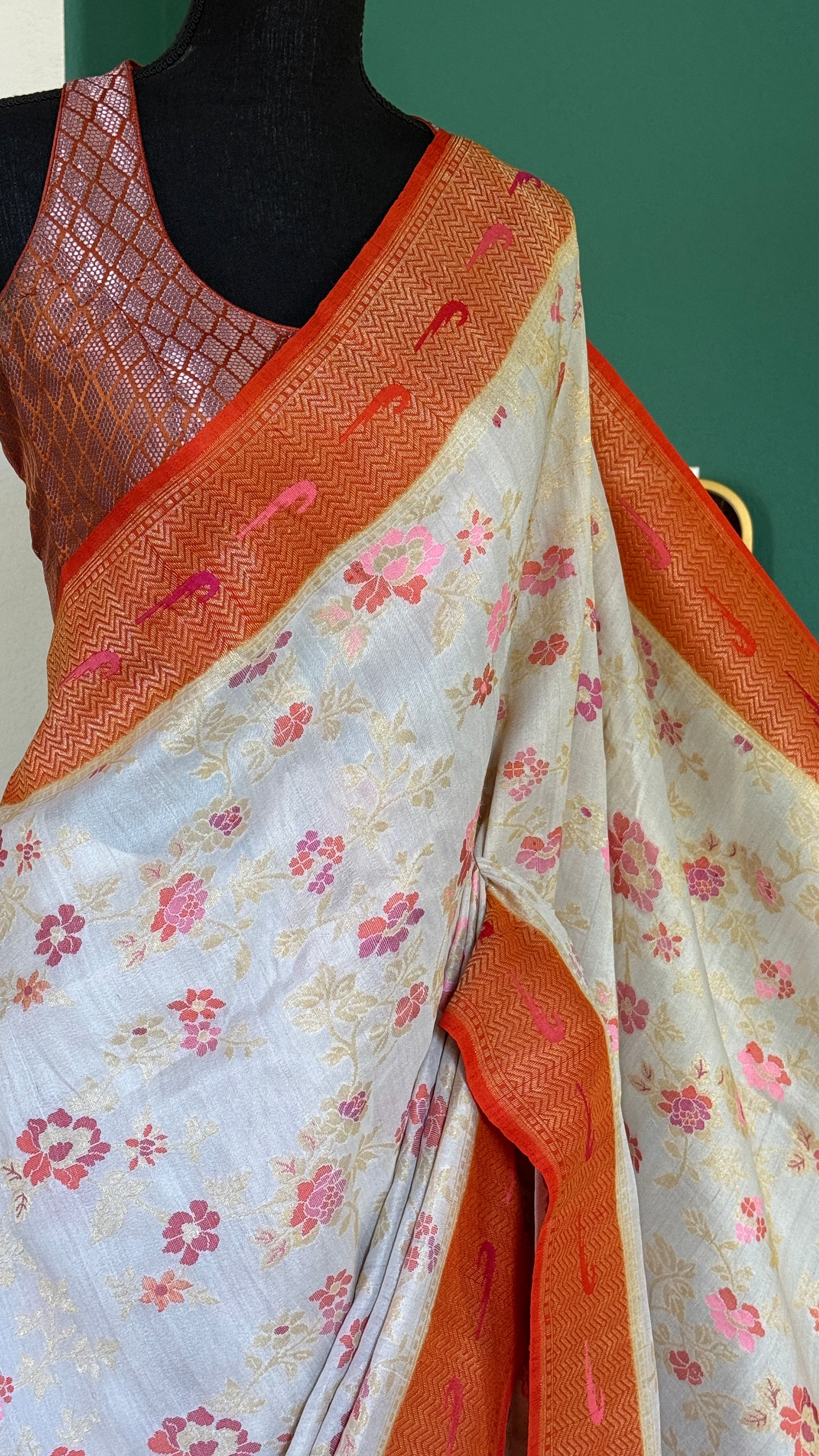 Khaddi Tussar Banarasi - Tilfi woven Beige Orange Multi Meenakari