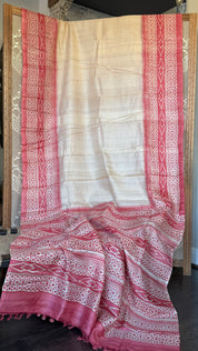 Pure Tussar Silk Hand Block Printed - Beige Red