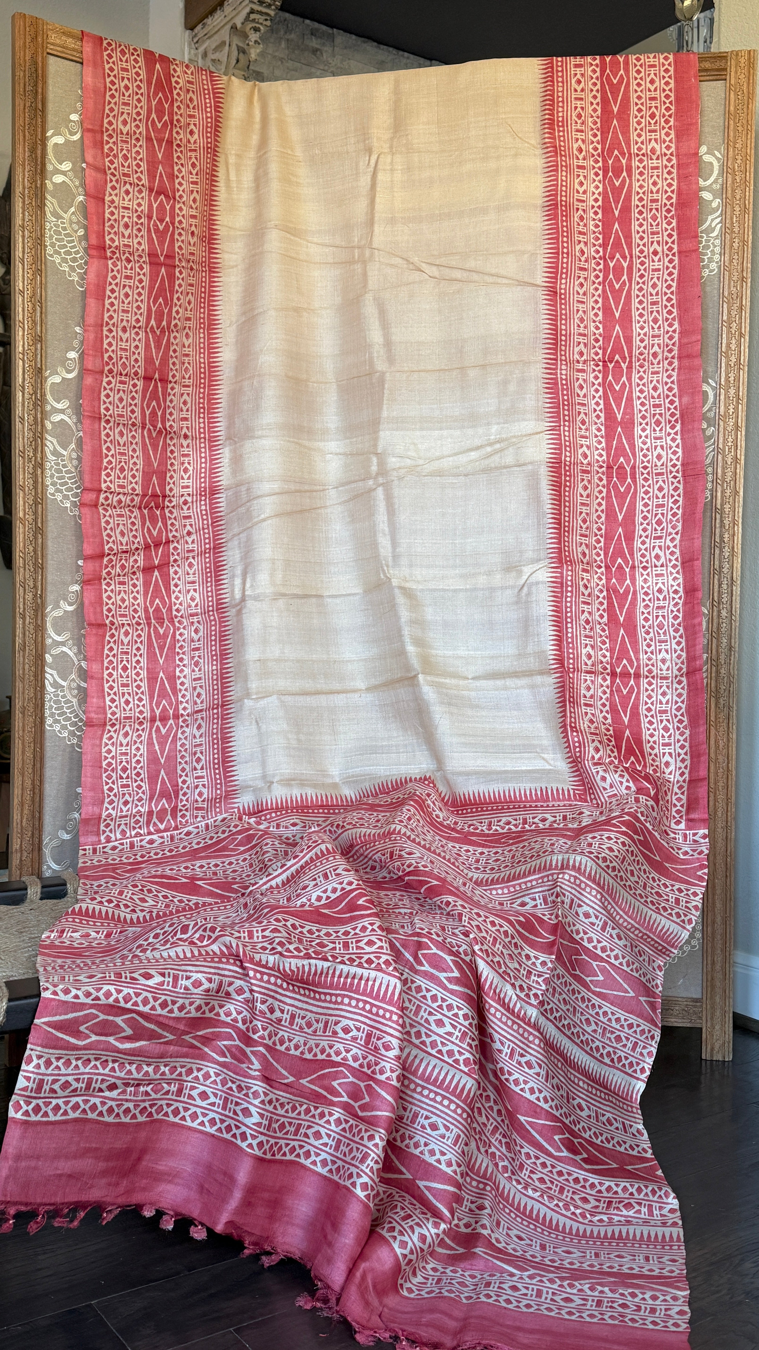 Pure Tussar Silk Hand Block Printed - Beige Red