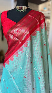 Pure Silk Gadwal - Light Blue Red Checkered