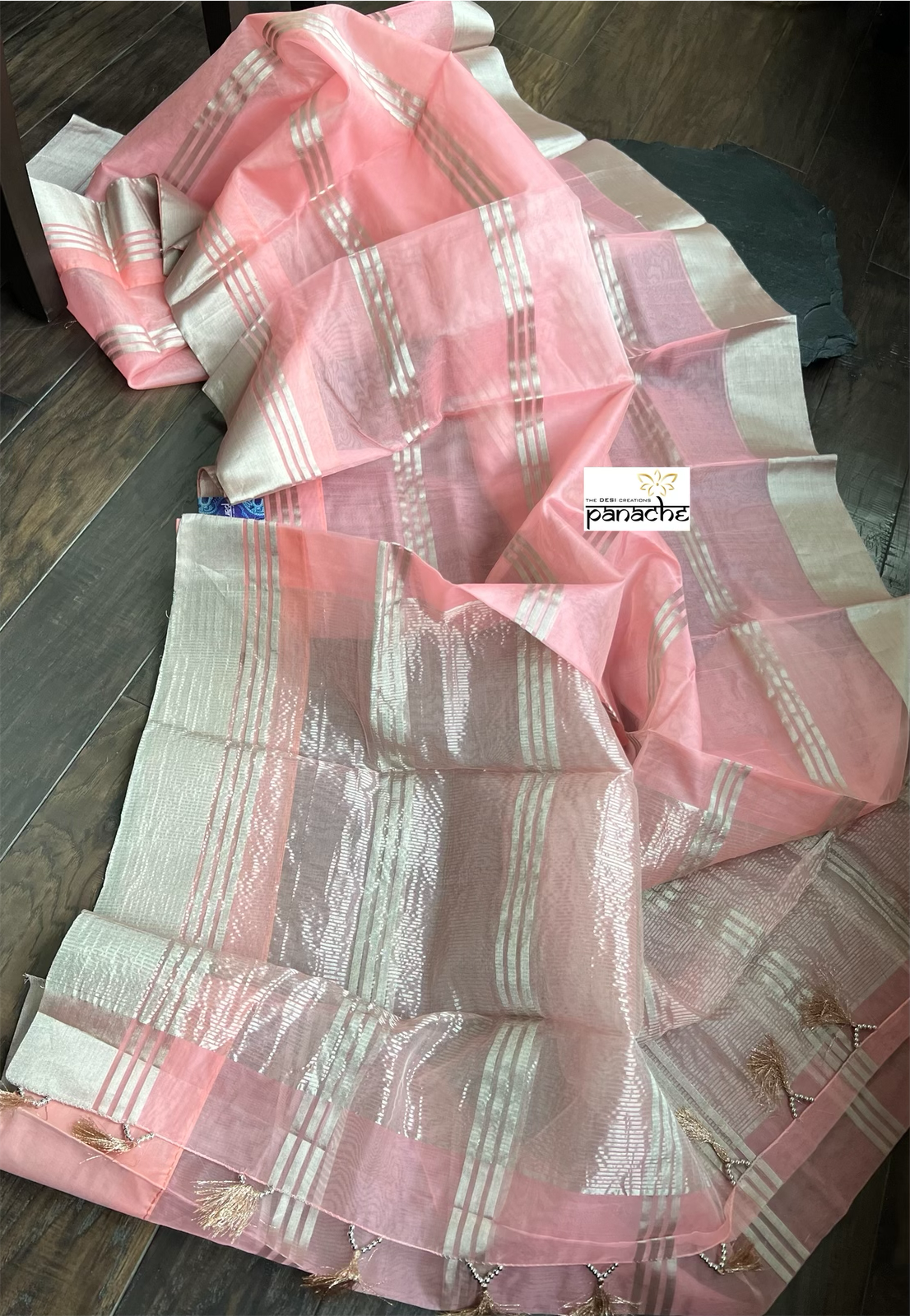 Chanderi Organza Silk - Pink Zari Striped
