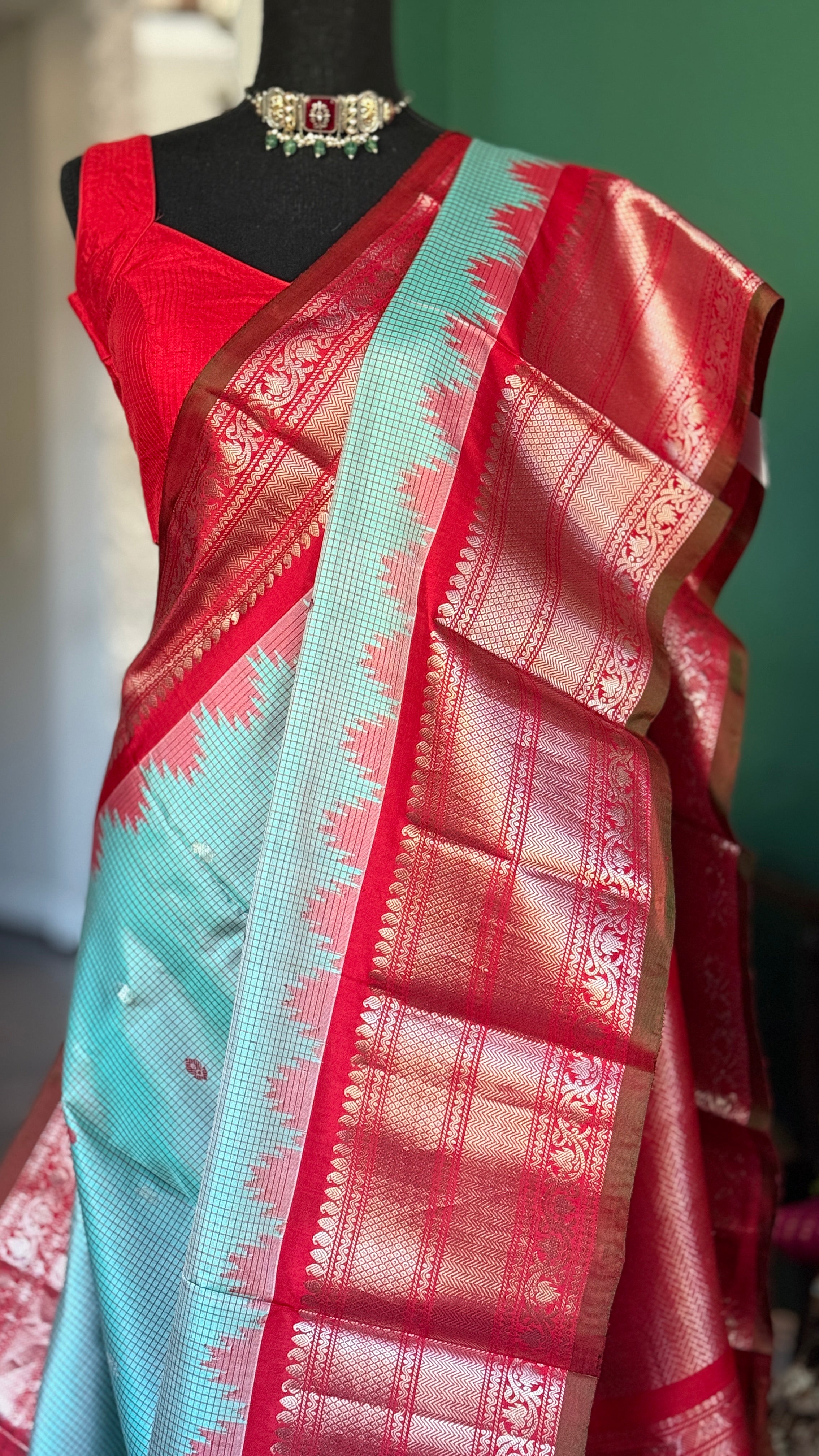 Pure Silk Gadwal - Light Blue Red Checkered