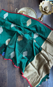 Pure Katan Silk Borderless Banarasi - Dark Green Red Kadhua