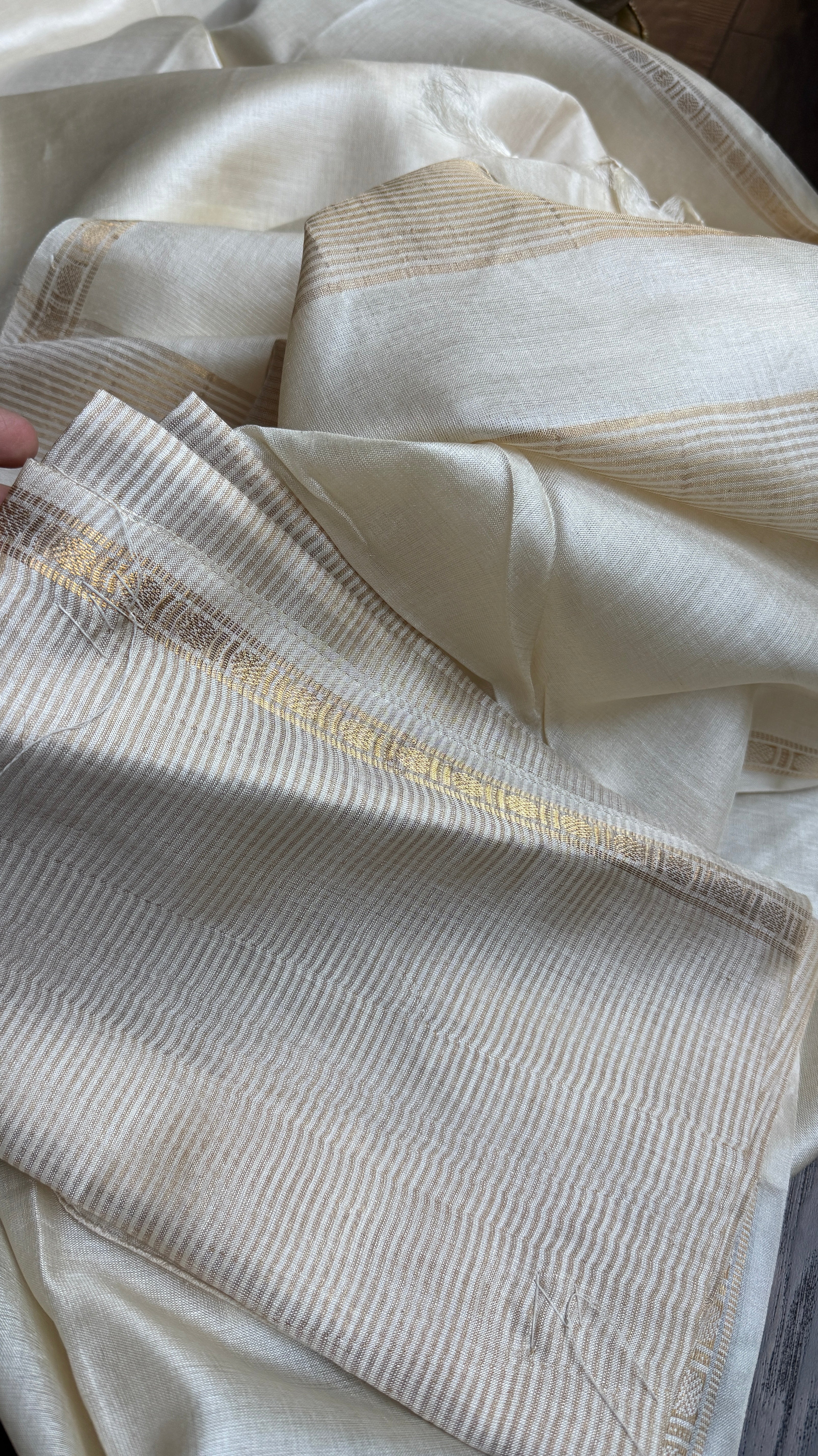 Pure Tussar Silk - Cream Beige Golden Zari Woven1