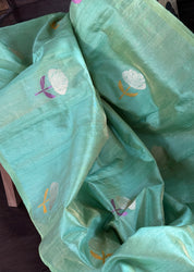 Tussar Tissue Silk Banarasi - Light Green Dual Shaded Antique Zari