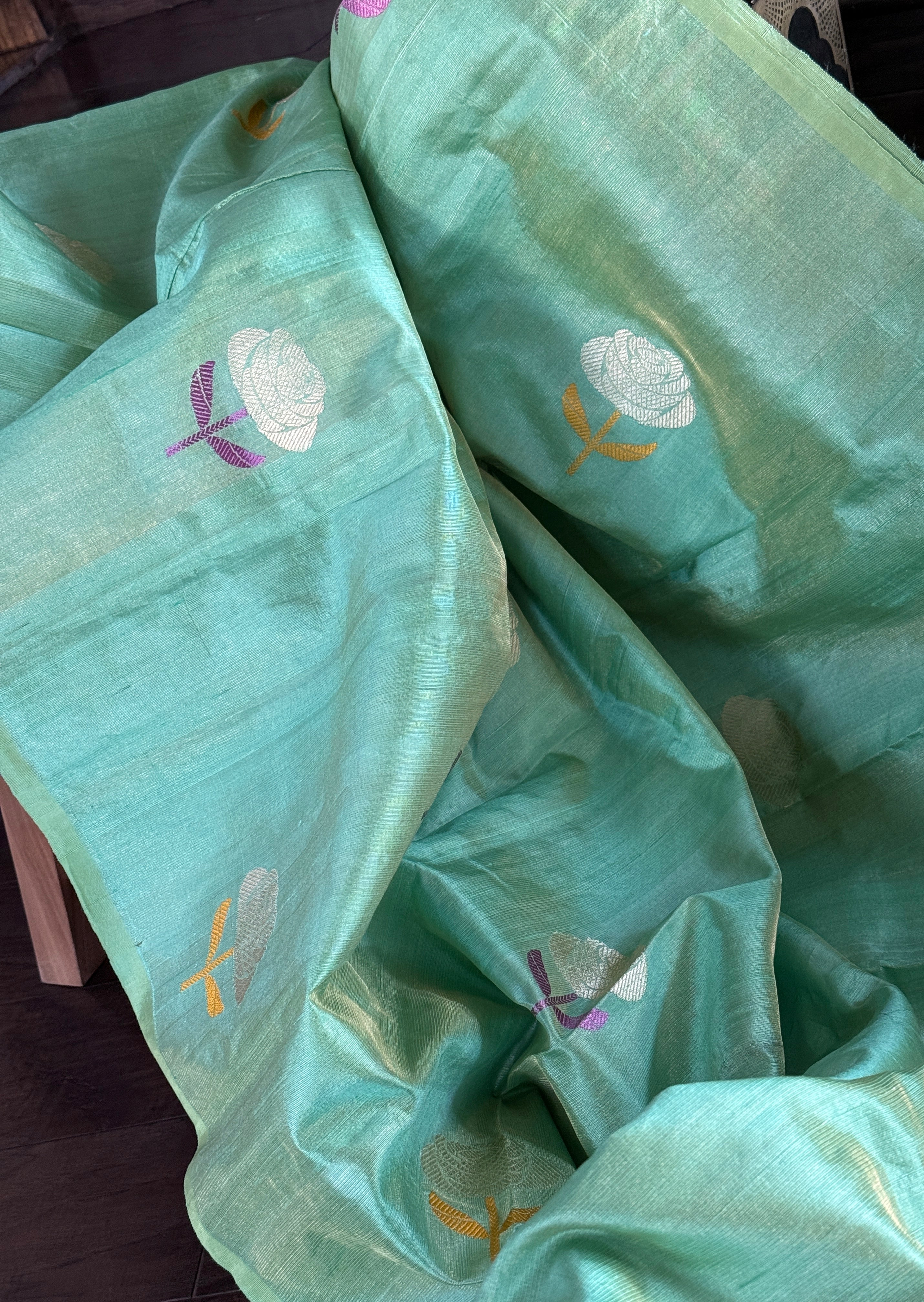 Tussar Tissue Silk Banarasi - Light Green Dual Shaded Antique Zari