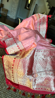 Pure Silk Katan Banarasi- Peach Red Kadhua