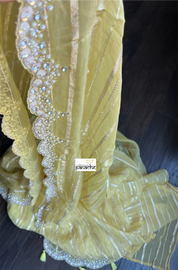 Designer Georgette Organza Hand Embroidered - Light Yellow