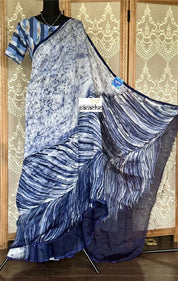 Bafta Tussar Hand Batik - Dusty White Dark Blue