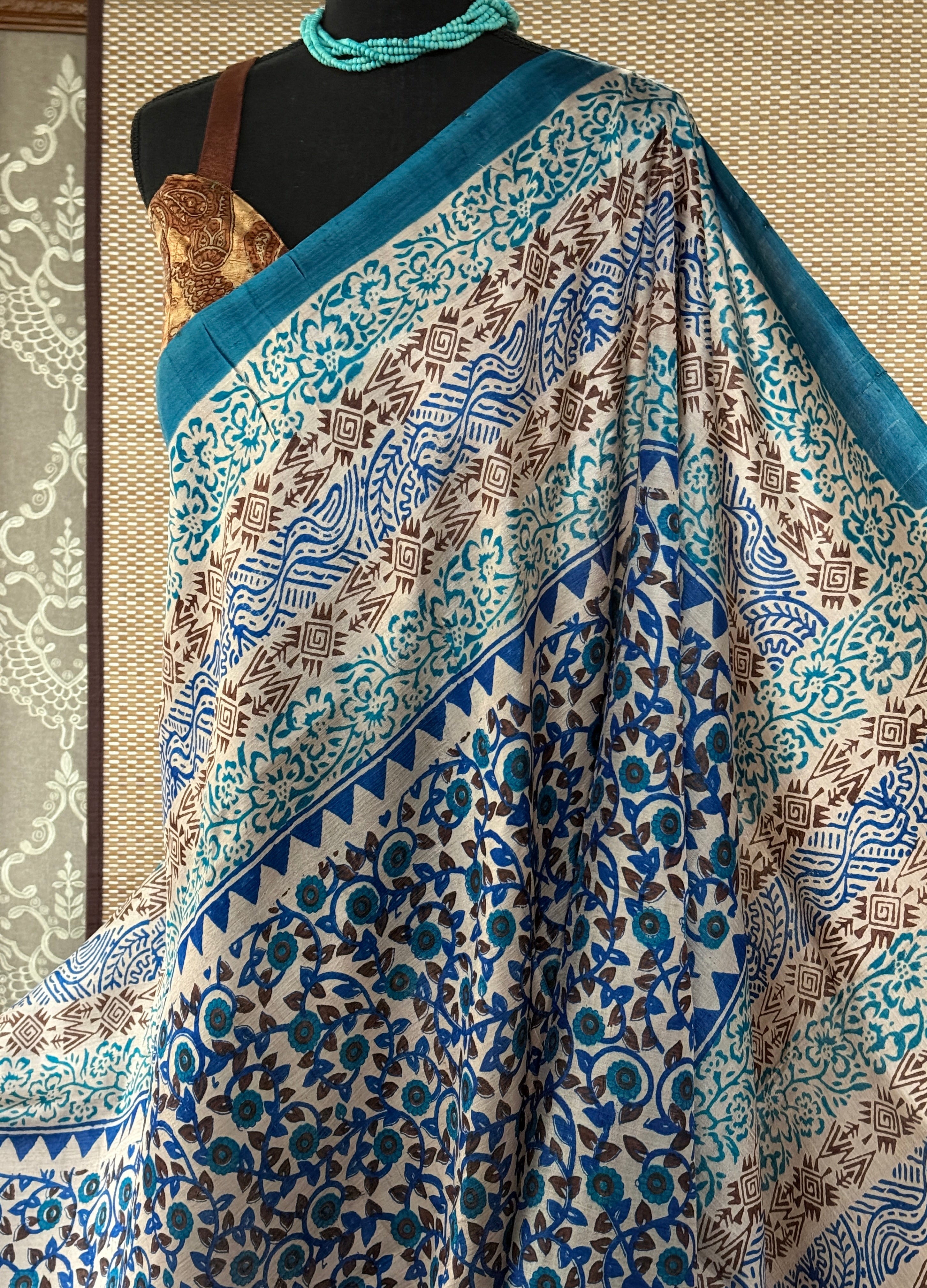 Tussar Silk - Printed Offwhite Firozi Royal Blue