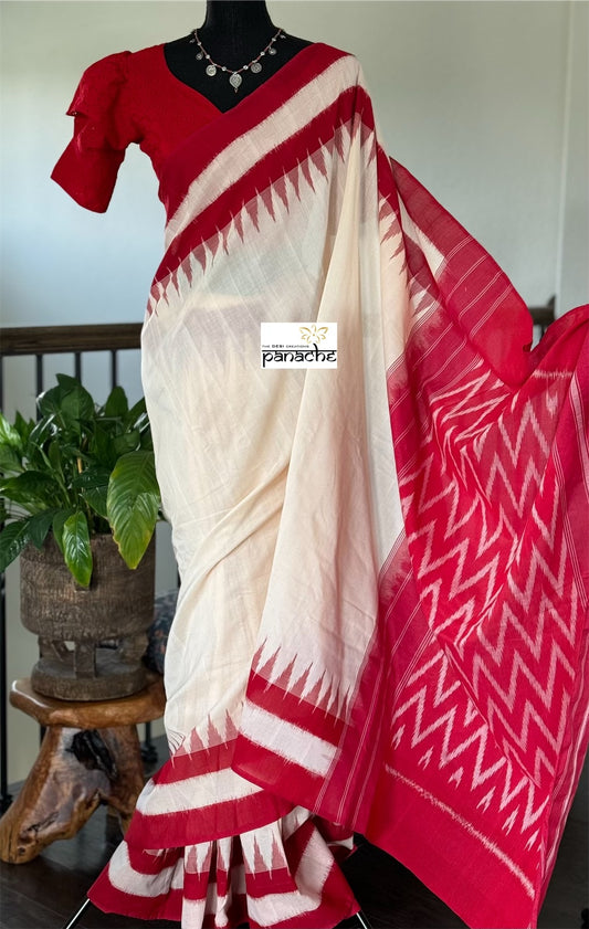 Pure Cotton Ikat - Dusty White Red Pochampolly